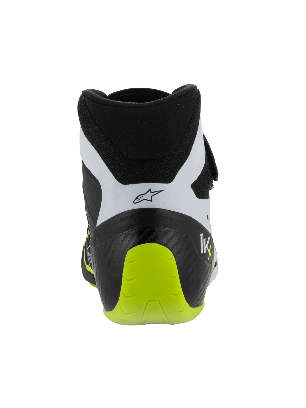 Buty Alpinestars Tech-1 KX V3, buty kartingowe z certyfikatem FIA, czarno-białe i żółte fluo, widok z tyłu ukazujący wzmocnioną jednoczęściową piętę, jaskrawy akcent w kolorze żółtym fluo, białe panele z czarnym logo, techniczne obuwie motorsportowe do użytku na torze