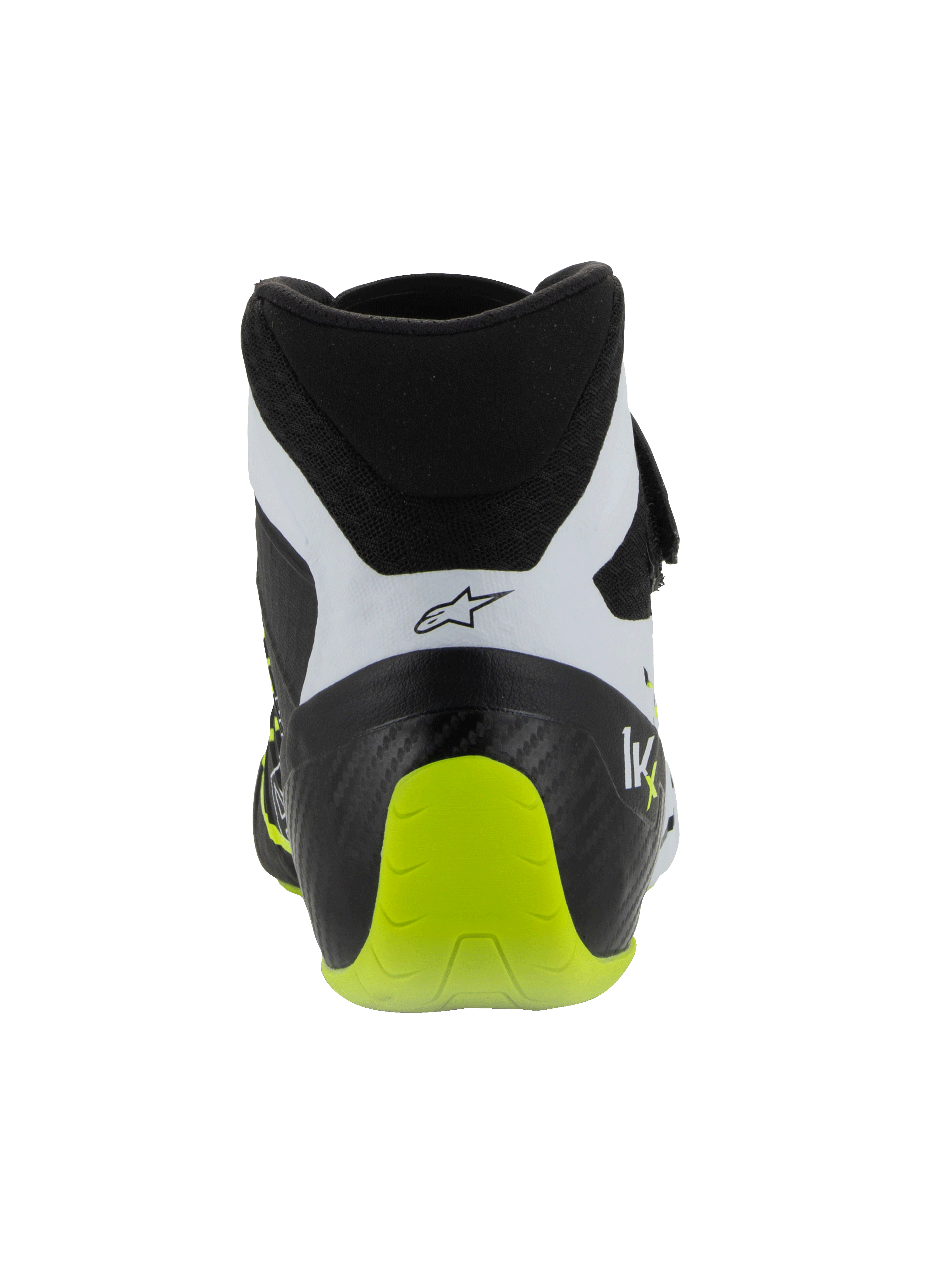 Buty Alpinestars Tech-1 KX V3, buty kartingowe z certyfikatem FIA, czarno-białe i żółte fluo, widok z tyłu ukazujący wzmocnioną jednoczęściową piętę, jaskrawy akcent w kolorze żółtym fluo, białe panele z czarnym logo, techniczne obuwie motorsportowe do użytku na torze