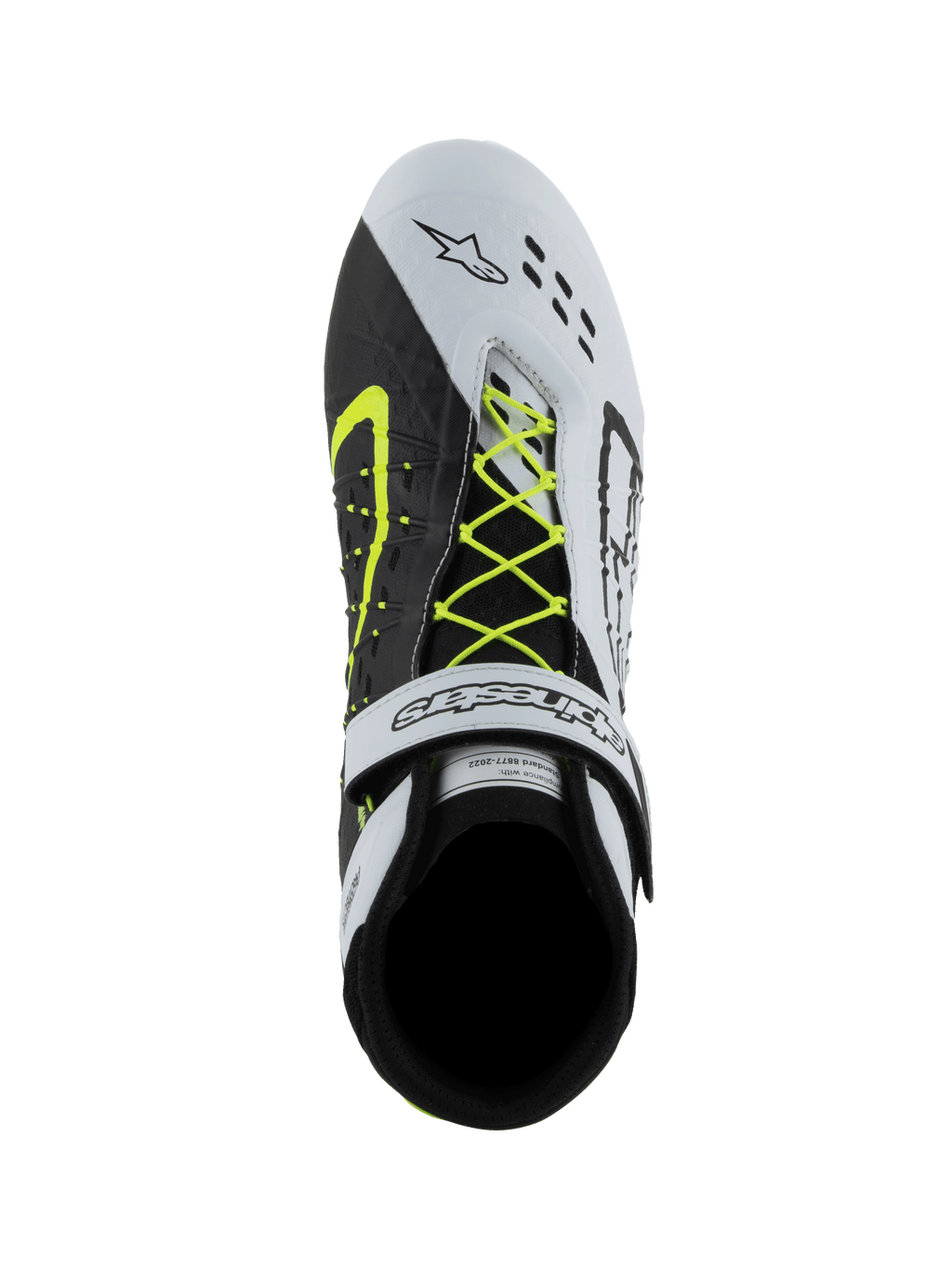 Alpinestars Tech-1 KX V3 Shoes, buty kartingowe FIA, czarno-białe i żółte fluo, widok z góry przedstawiający asymetryczny neonowy żółty system sznurowania, biały pasek na rzep na kostce i laserowo wycinane perforacje na palcach