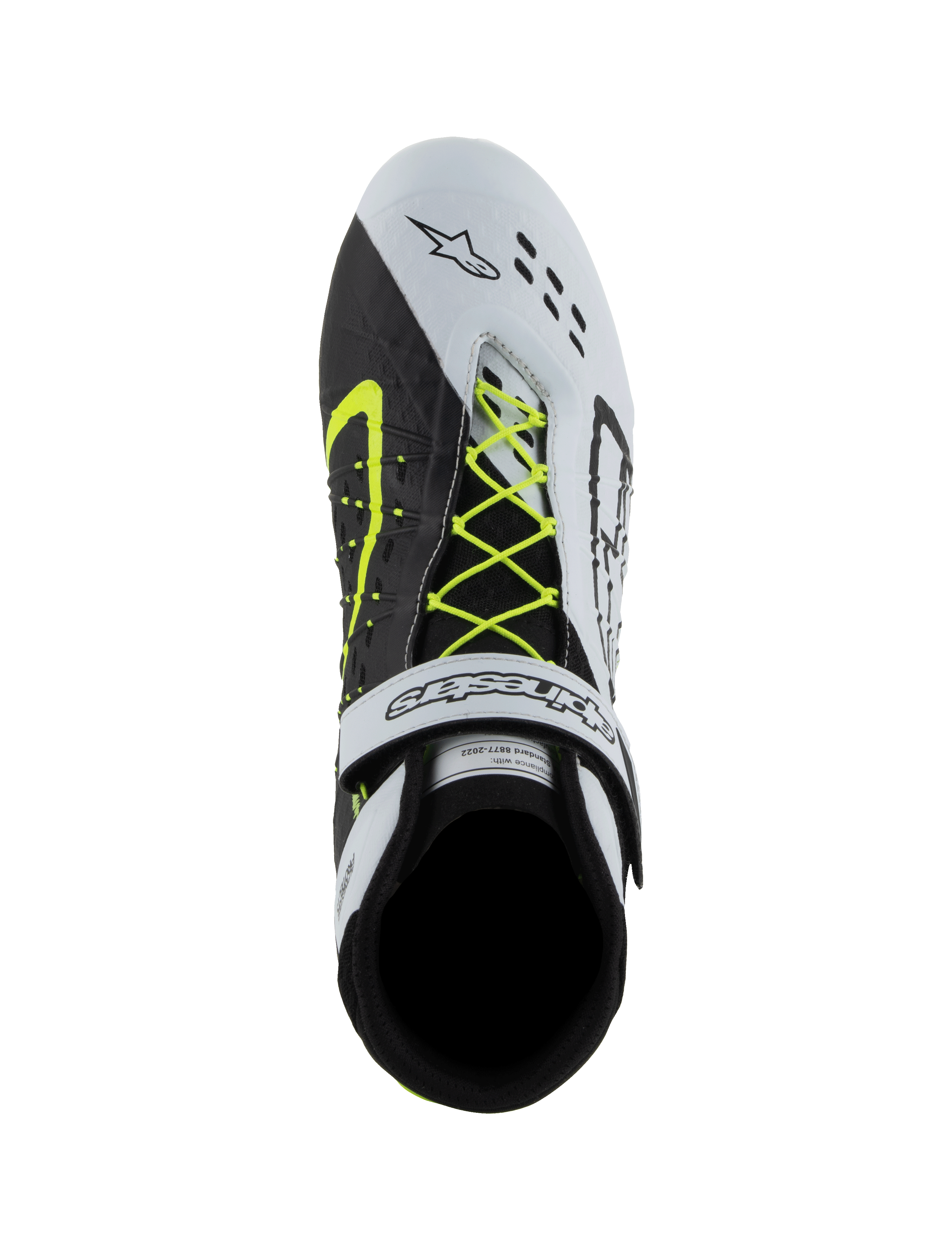 Alpinestars Tech-1 KX V3 Shoes, buty kartingowe FIA, czarno-białe i żółte fluo, widok z góry przedstawiający asymetryczny neonowy żółty system sznurowania, biały pasek na rzep na kostce i laserowo wycinane perforacje na palcach