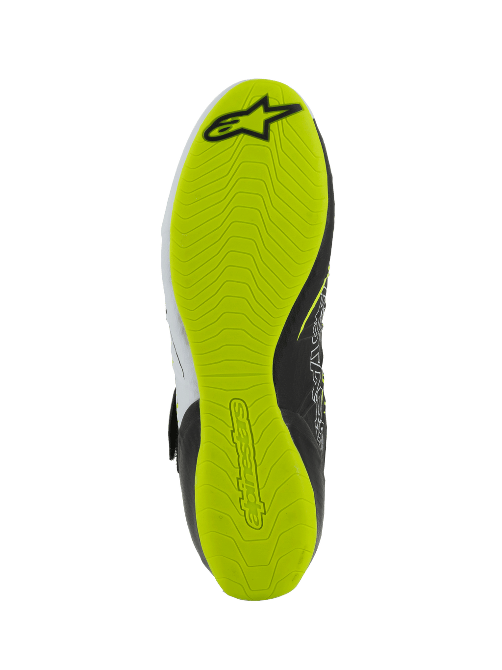 Buty Alpinestars Tech-1 KX V3 - FIA, buty kartingowe, widok spodu podeszwy, jaskrawożółta fluorescencyjna guma z teksturowanym wzorem przyczepności, czarne logo Alpinestars i tłoczony branding zapewniający lepsze wyczucie pedałów