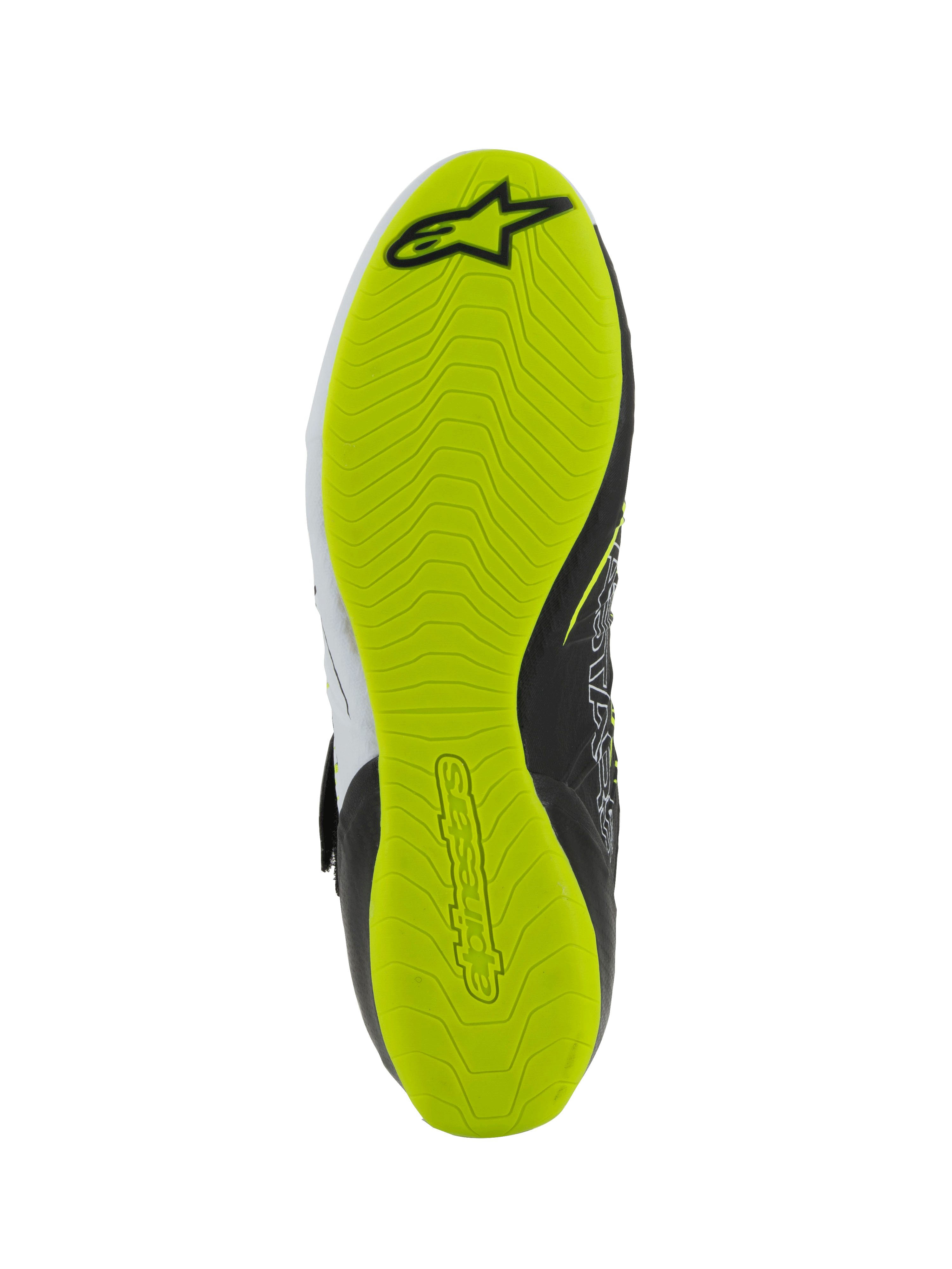 Buty Alpinestars Tech-1 KX V3 - FIA, buty kartingowe, widok spodu podeszwy, jaskrawożółta fluorescencyjna guma z teksturowanym wzorem przyczepności, czarne logo Alpinestars i tłoczony branding zapewniający lepsze wyczucie pedałów