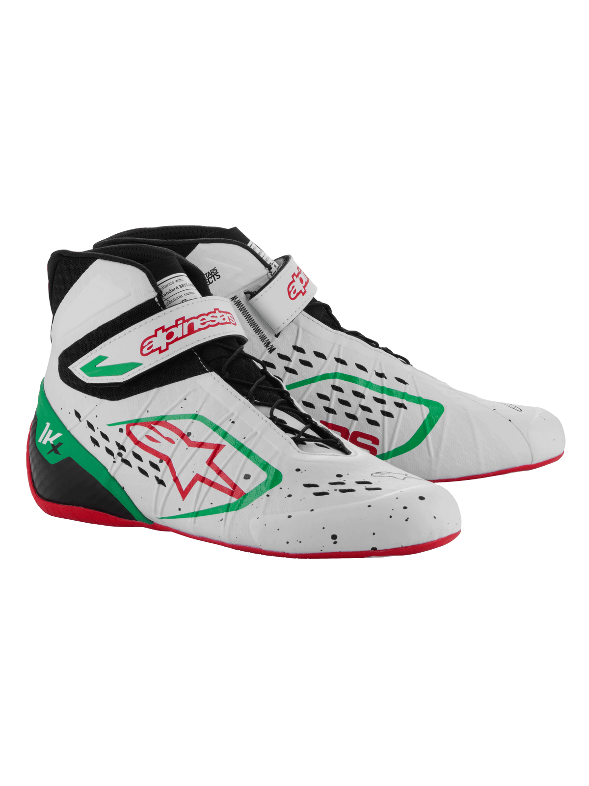 Buty kartingowe Alpinestars Tech-1 KX V3, biało-zielono-czerwone, wyposażone w bezszwową, termozgrzewaną cholewkę z laserowo wycinanymi perforacjami, asymetryczne sznurowanie, pasek na rzep z czerwonym logo i cienką czerwoną gumową podeszwę.