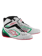Buty kartingowe Alpinestars Tech-1 KX V3, biało-zielono-czerwone, wyposażone w bezszwową, termozgrzewaną cholewkę z laserowo wycinanymi perforacjami, asymetryczne sznurowanie, pasek na rzep z czerwonym logo i cienką czerwoną gumową podeszwę.