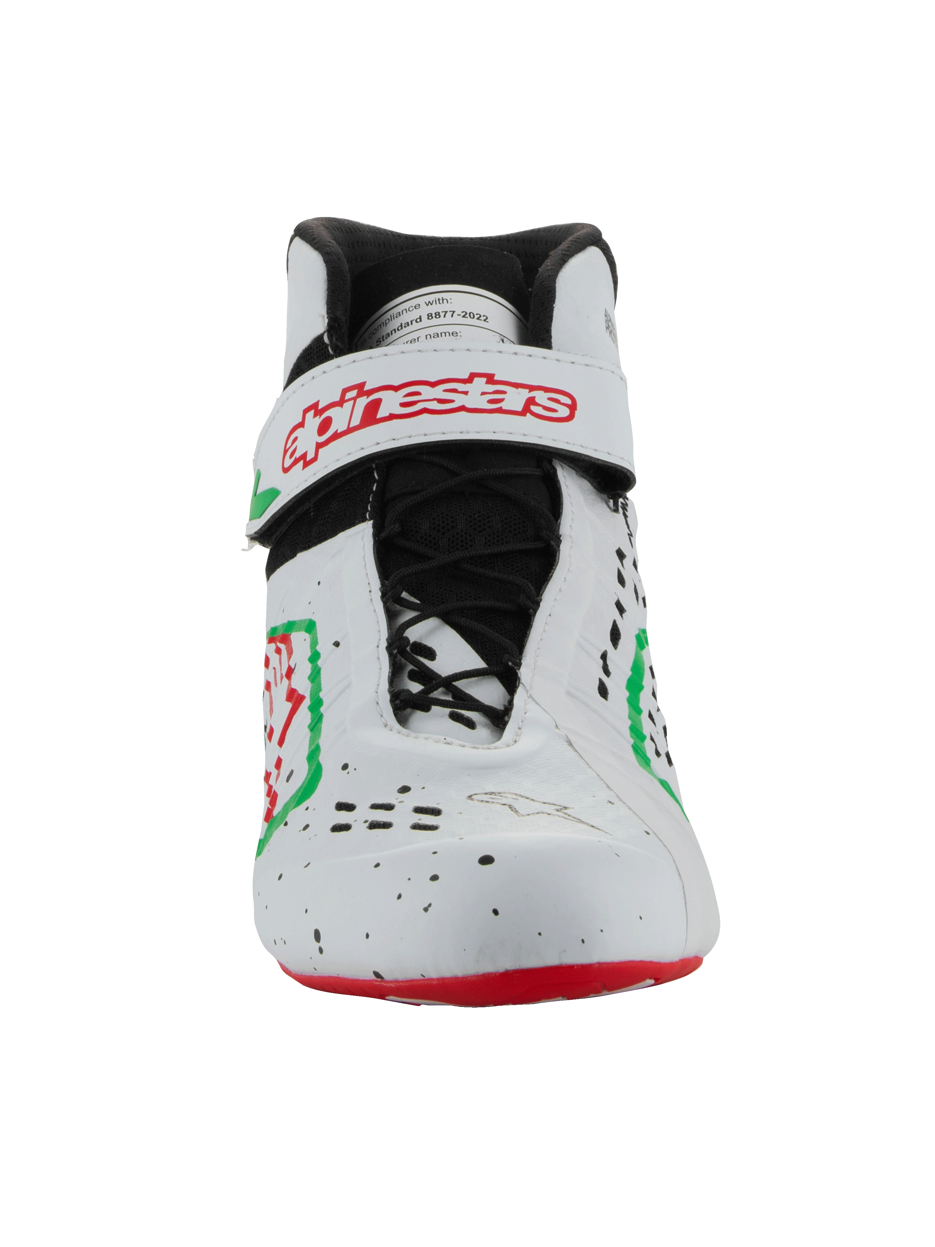 Buty Alpinestars Tech-1 KX V3 - FIA, buty kartingowe, biało-zielono-czerwone, widok z przodu z asymetrycznym systemem sznurowania i rzepem z czerwonym logo Alpinestars, smukła perforowana konstrukcja do sportów motorowych
