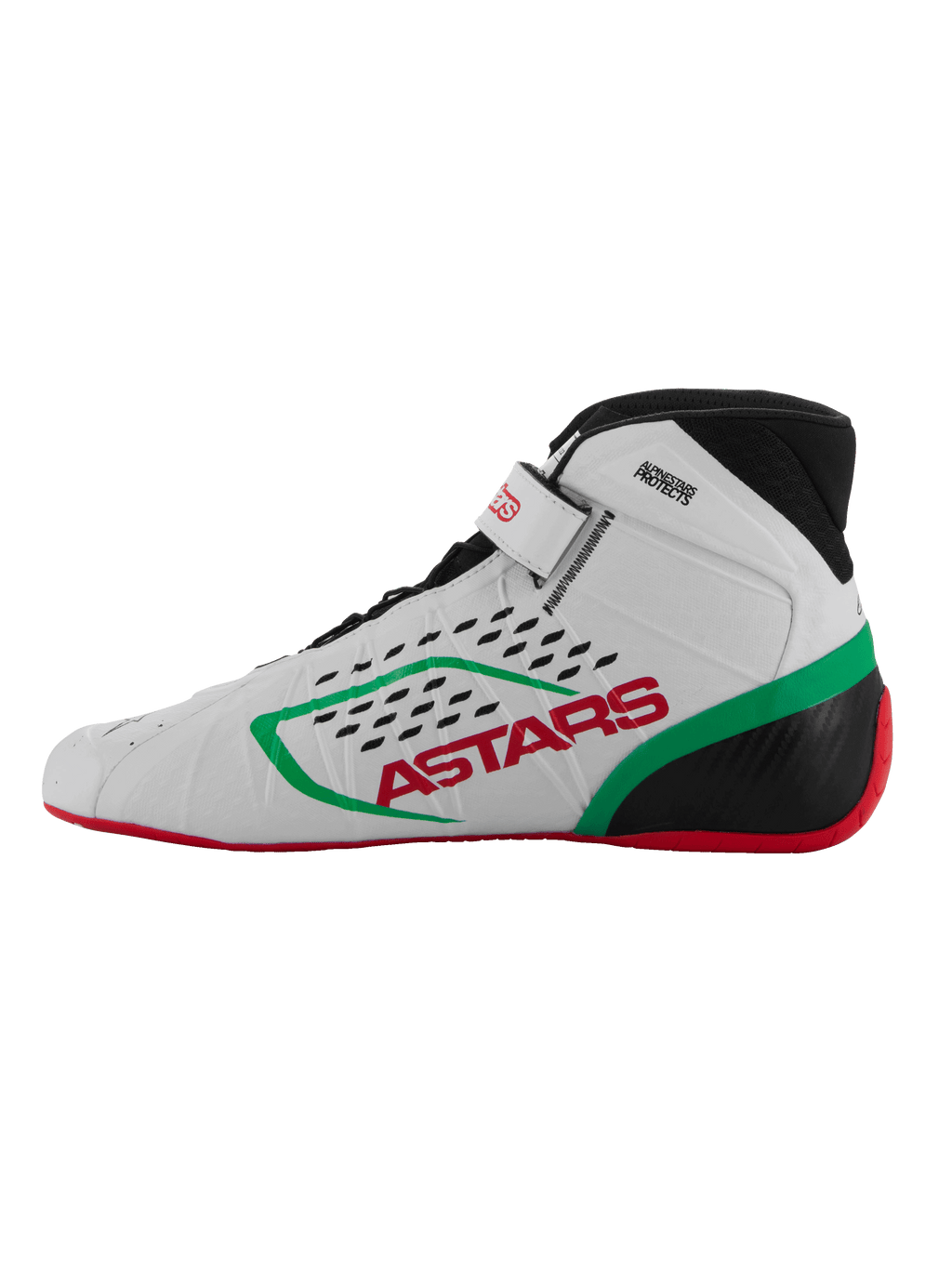 Buty Alpinestars Tech-1 KX V3, obuwie kartingowe, białe, zielone i czerwone, widok z profilu, czerwone logo ASTARS i zielony pasek, czarny kołnierz z laserowo wycinanymi perforacjami, cienka czerwona podeszwa zapewniająca wyczucie pedałów