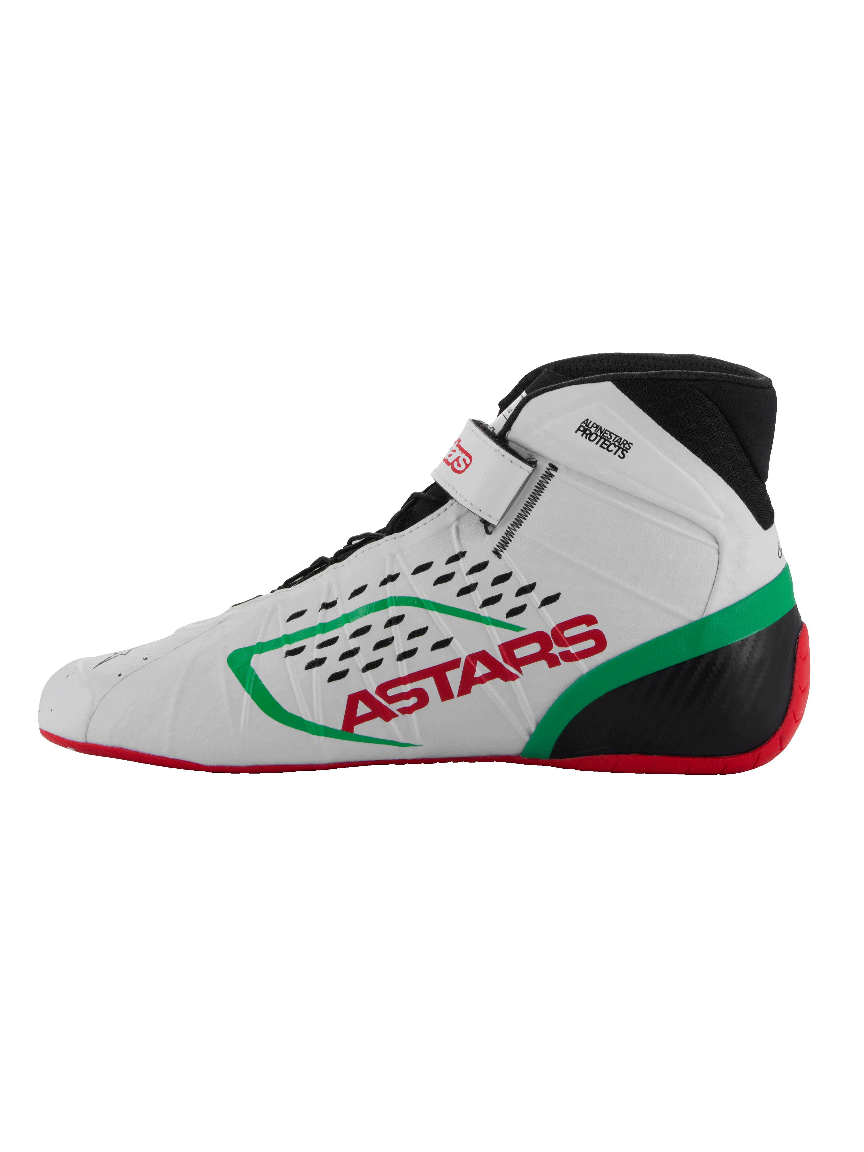 Buty Alpinestars Tech-1 KX V3, obuwie kartingowe, białe, zielone i czerwone, widok z profilu, czerwone logo ASTARS i zielony pasek, czarny kołnierz z laserowo wycinanymi perforacjami, cienka czerwona podeszwa zapewniająca wyczucie pedałów
