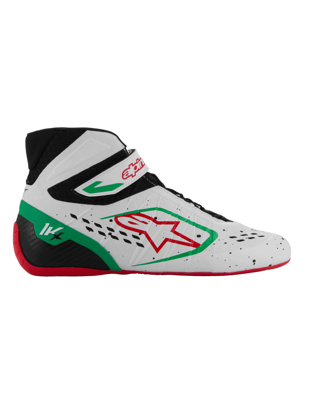 Alpinestars Tech-1 KX V3, buty kartingowe z homologacją FIA, białe z czarnymi, zielonymi i czerwonymi akcentami, czerwone logo z gwiazdą, czerwona podeszwa, wysoka cholewka z paskiem na rzep, oddychająca perforowana cholewka, oznaczenie 1K na pięcie