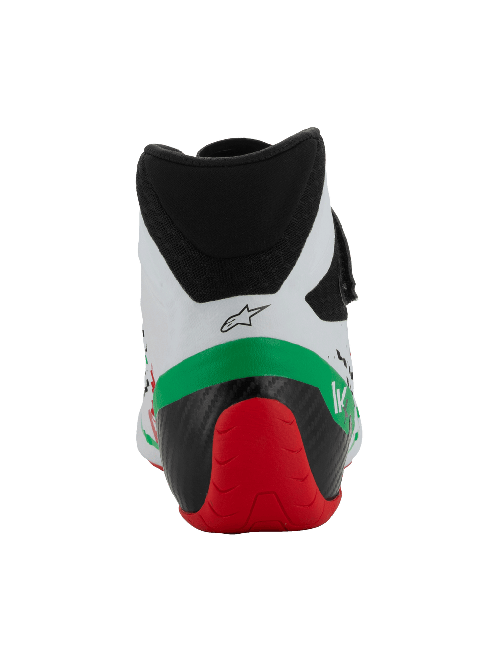 Alpinestars Tech-1 KX V3 Shoes - FIA, buty kartingowe, biało-zielono-czerwone, widok z tyłu prezentujący niski kołnierz z mikrofibry, wzmocnioną czarno-czerwona konstrukcję pięty oraz logo Alpinestars.