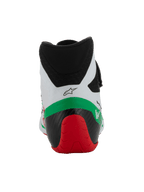 Alpinestars Tech-1 KX V3 Shoes - FIA, buty kartingowe, biało-zielono-czerwone, widok z tyłu prezentujący niski kołnierz z mikrofibry, wzmocnioną czarno-czerwona konstrukcję pięty oraz logo Alpinestars.