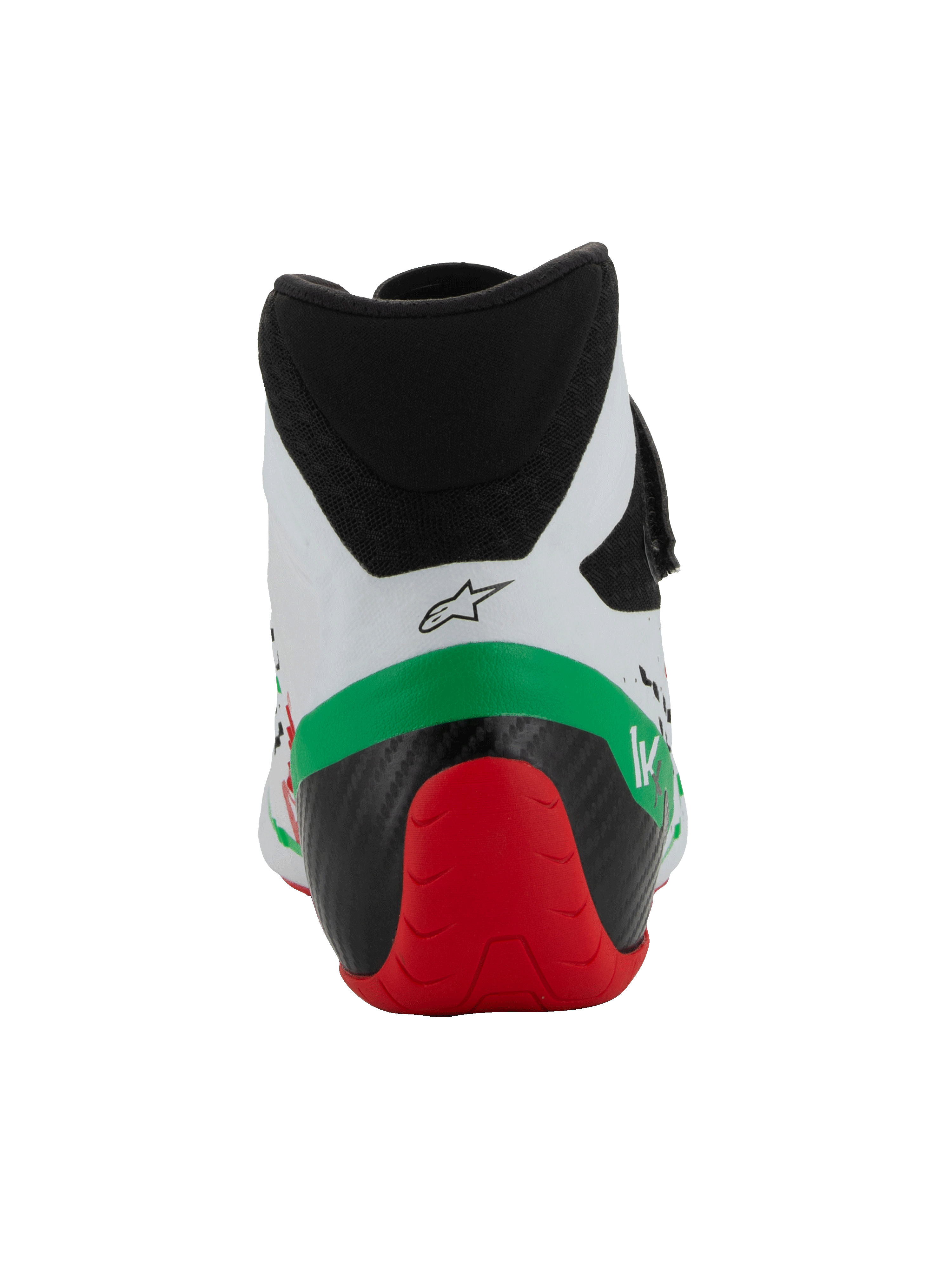 Alpinestars Tech-1 KX V3 Shoes - FIA, buty kartingowe, biało-zielono-czerwone, widok z tyłu prezentujący niski kołnierz z mikrofibry, wzmocnioną czarno-czerwona konstrukcję pięty oraz logo Alpinestars.