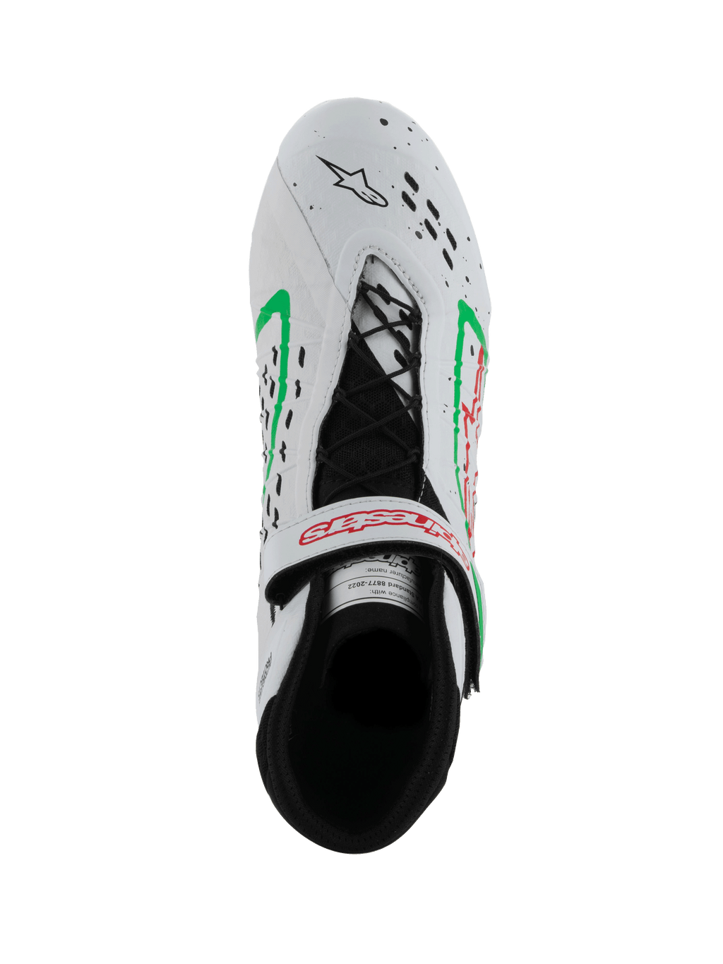 Buty Alpinestars Tech-1 KX V3, buty kartingowe z homologacją FIA, białe z zielonymi i czerwonymi akcentami, widok z góry ukazujący asymetryczne sznurowanie, regulowany pasek z czerwonym logo oraz laserowo wycinane perforacje na czubku.