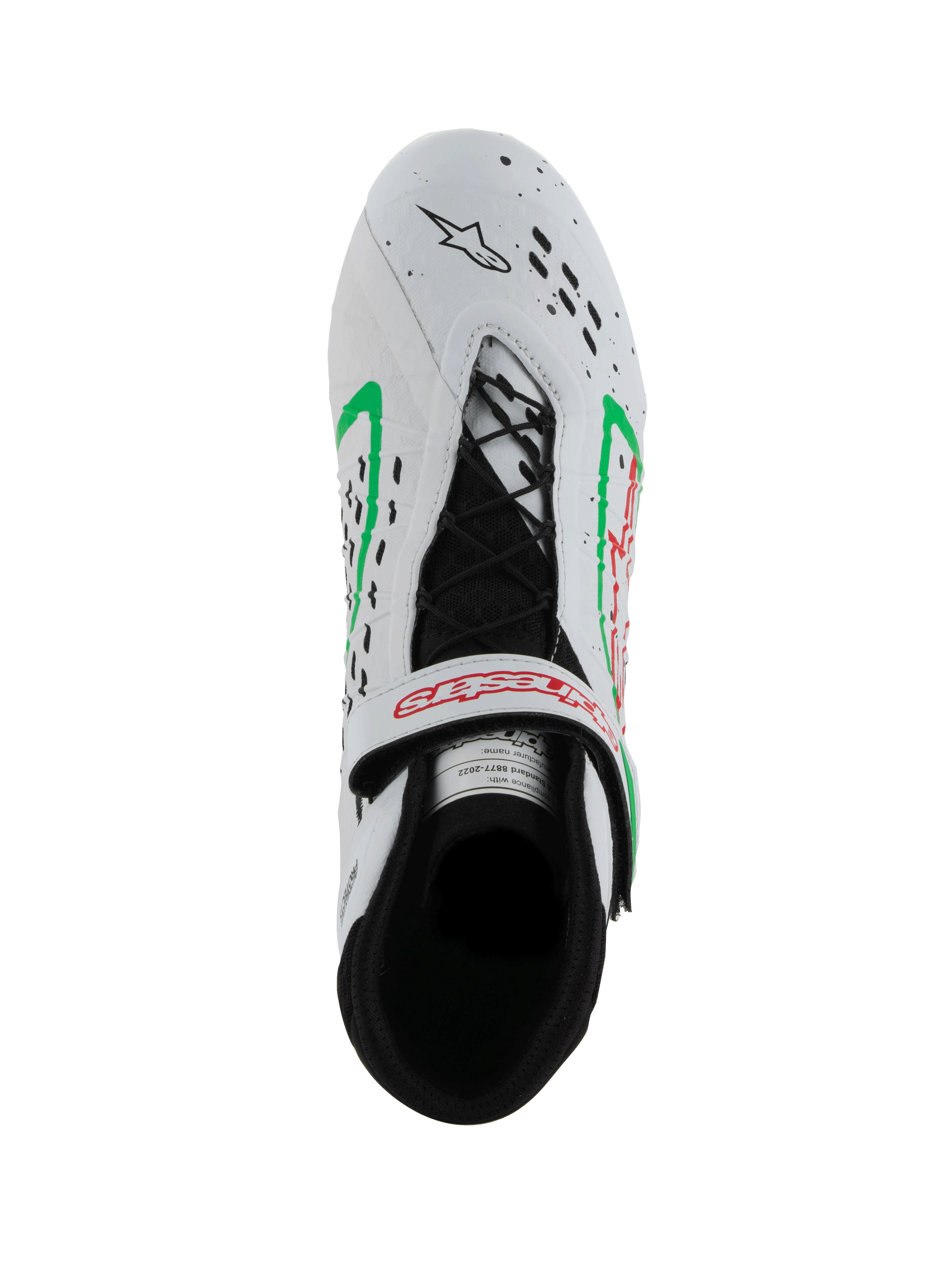 Buty Alpinestars Tech-1 KX V3, buty kartingowe z homologacją FIA, białe z zielonymi i czerwonymi akcentami, widok z góry ukazujący asymetryczne sznurowanie, regulowany pasek z czerwonym logo oraz laserowo wycinane perforacje na czubku.