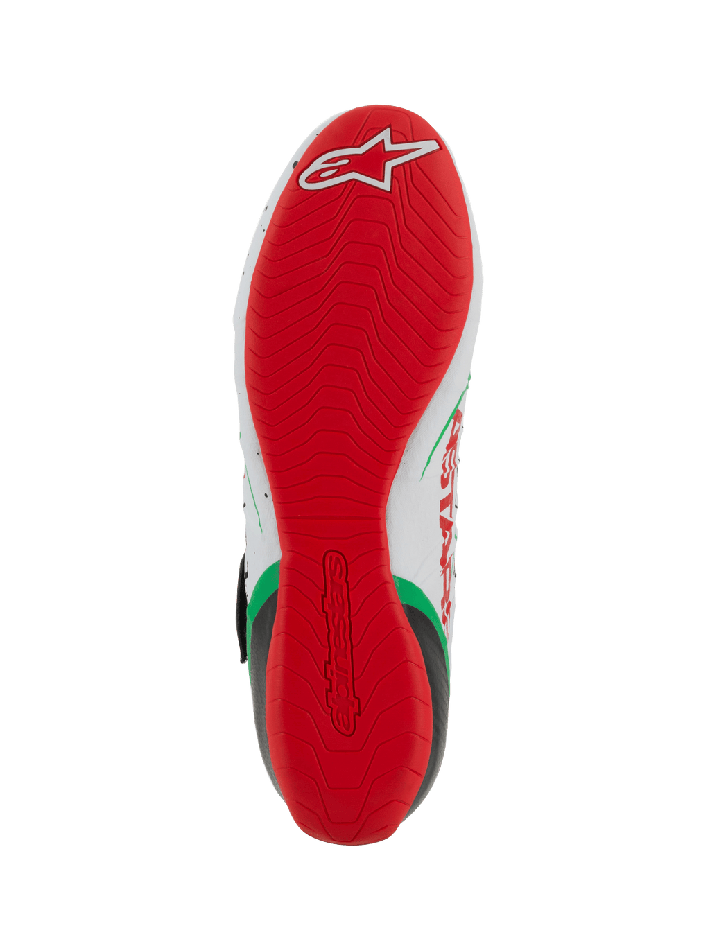 Alpinestars Tech-1 KX V3 Karting Shoes, buty kartingowe, widok podeszwy, jaskrawoczerwona cienka gumowa podeszwa z teksturowanym wzorem przyczepności, białe logo Alpinestars na pięcie, kolorystyka biało-zielono-czerwona