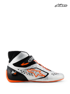 Alpinestars Tech-1 KX V3 Shoes - FIA, karting racing shoes, black, silver, and orange fluo, side profile view showing lightweight thermo-welded construction, asymmetric lacing, and FIA homologation details
