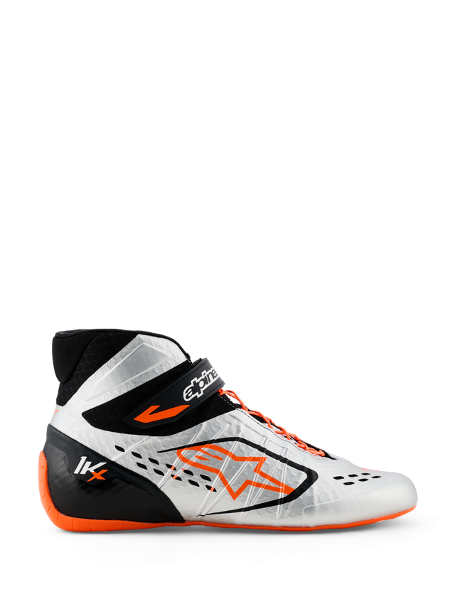 Alpinestars Tech-1 KX V3 Shoes, FIA Approved Karting Racing Shoes, White and Orange, High-Top Design with Star Logo, Breathable Perforated Upper, Racing Footwear