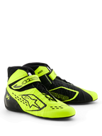 Buty kartingowe Alpinestars Tech-1 KX V3, czarno-żółte fluo, smukły profil sportowy, asymetryczne sznurowanie z regulowanym paskiem na kostce, laserowo wycinane perforacje zapewniające oddychalność, lekka termo-zgrzewana konstrukcja, obuwie motorsportowe z certyfikatem FIA 8877-2022