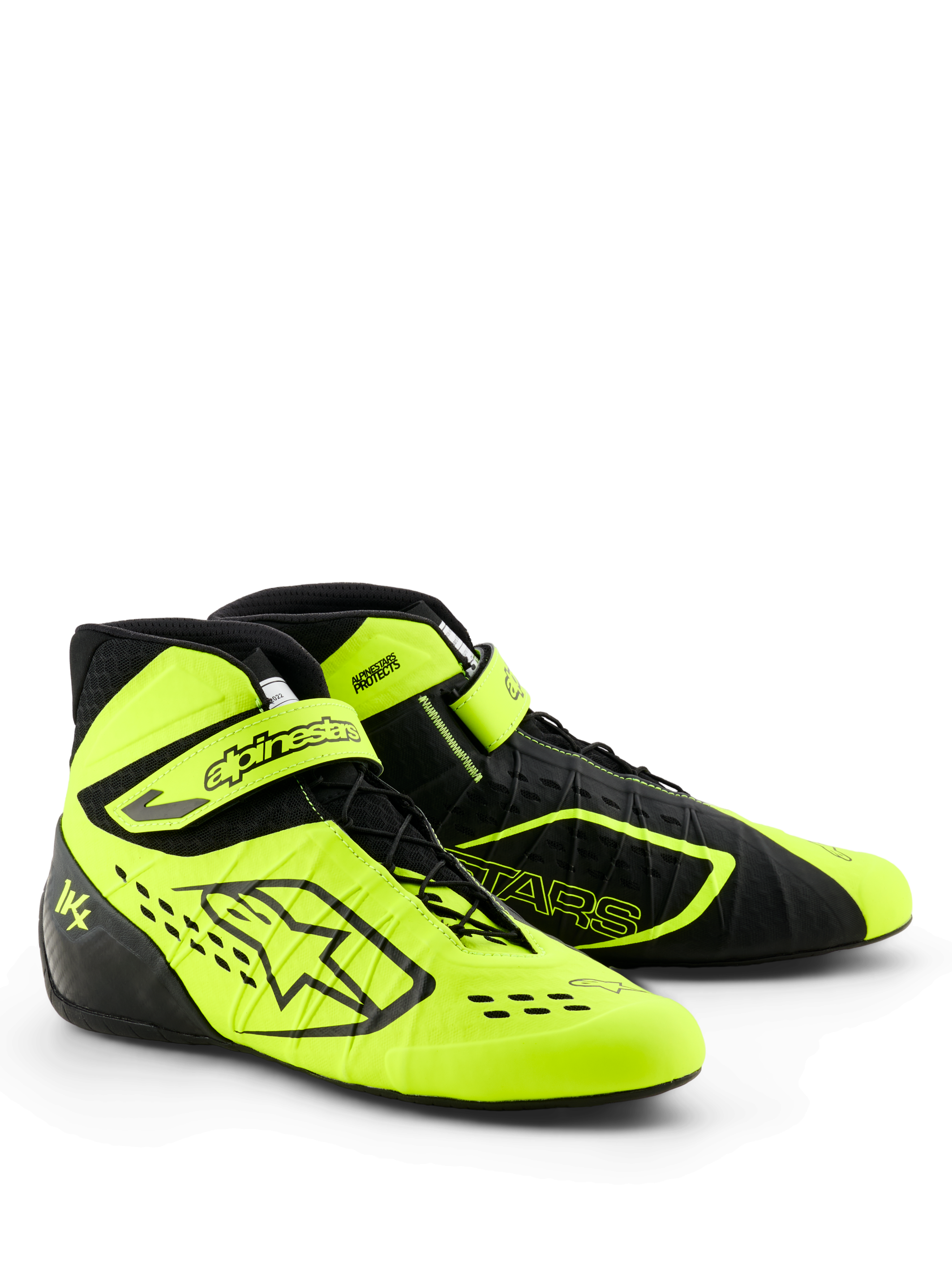 Buty kartingowe Alpinestars Tech-1 KX V3, czarno-żółte fluo, smukły profil sportowy, asymetryczne sznurowanie z regulowanym paskiem na kostce, laserowo wycinane perforacje zapewniające oddychalność, lekka termo-zgrzewana konstrukcja, obuwie motorsportowe z certyfikatem FIA 8877-2022