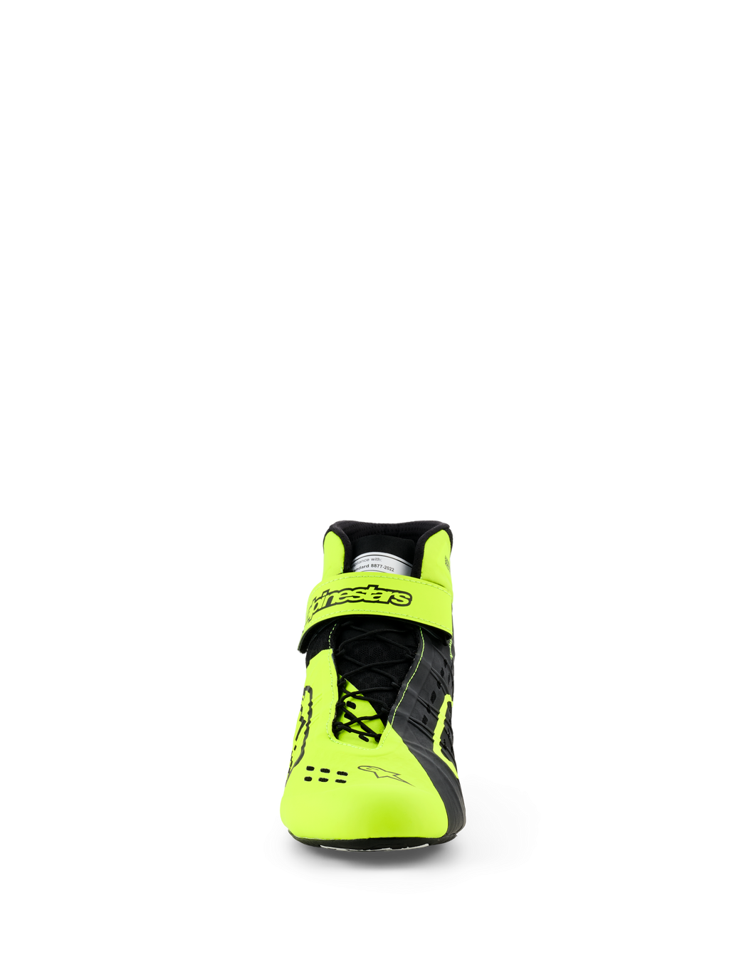 Buty Alpinestars Tech-1 KX V3, buty kartingowe, czarno-żółte fluo, widok z przodu przedstawiający asymetryczny system sznurowania i regulowany pasek na kostkę z logo Alpinestars, smukła, lekka konstrukcja zapewniająca wydajność wyścigową z certyfikatem FIA