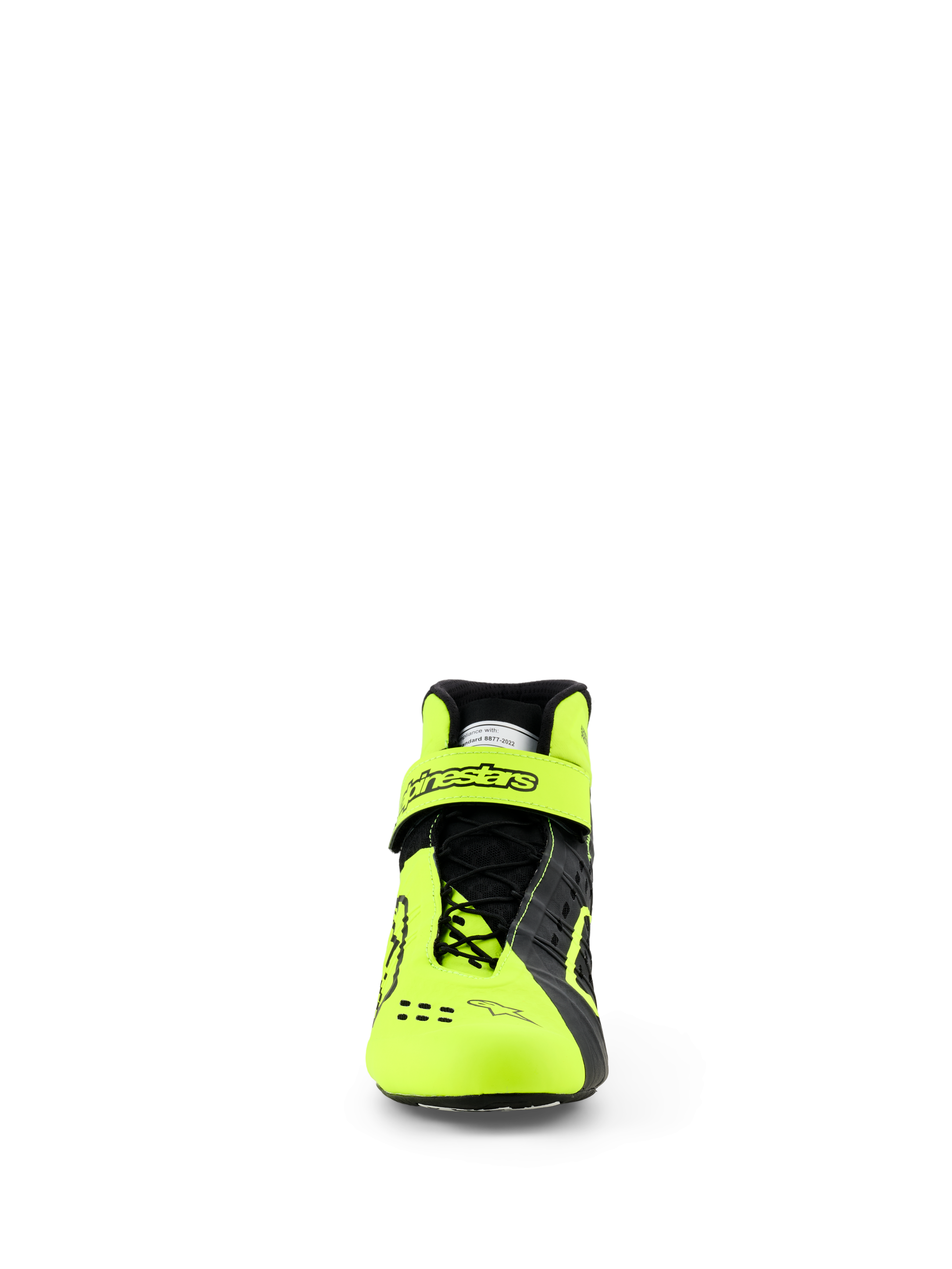 Buty Alpinestars Tech-1 KX V3, buty kartingowe, czarno-żółte fluo, widok z przodu przedstawiający asymetryczny system sznurowania i regulowany pasek na kostkę z logo Alpinestars, smukła, lekka konstrukcja zapewniająca wydajność wyścigową z certyfikatem FIA
