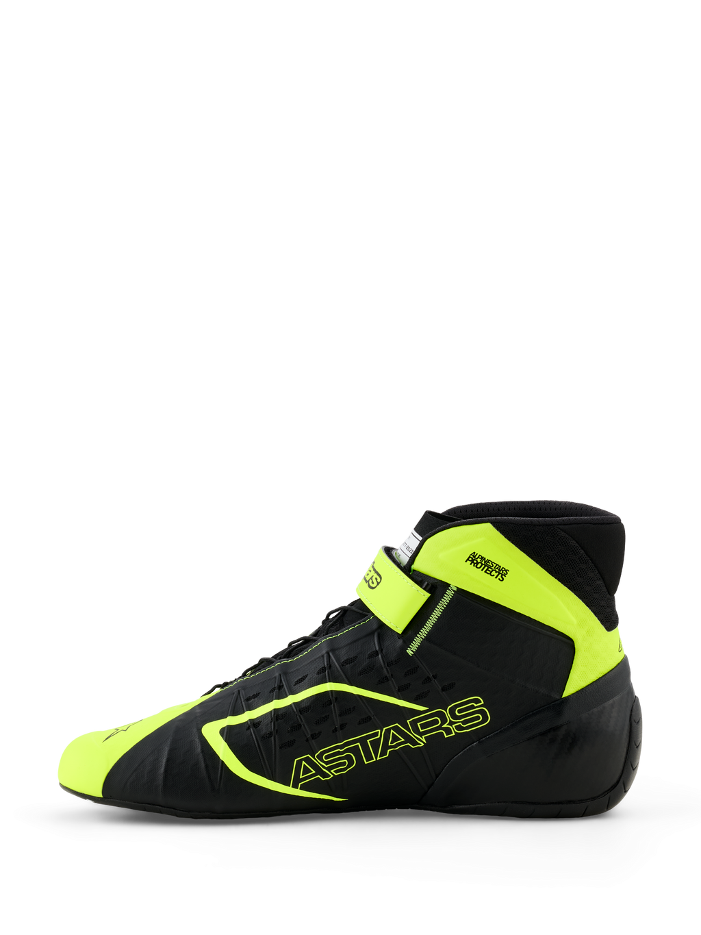 Alpinestars Tech-1 KX V3 Karting Shoes, buty kartingowe, czarne i żółte fluo, widok z boku pokazujący bezszwową konstrukcję termo-zgrzewaną, laserowo wycinane perforacje, jaskrawożółte akcenty z logo ASTARS, regulowany pasek na kostkę, smukły design motorsportowy