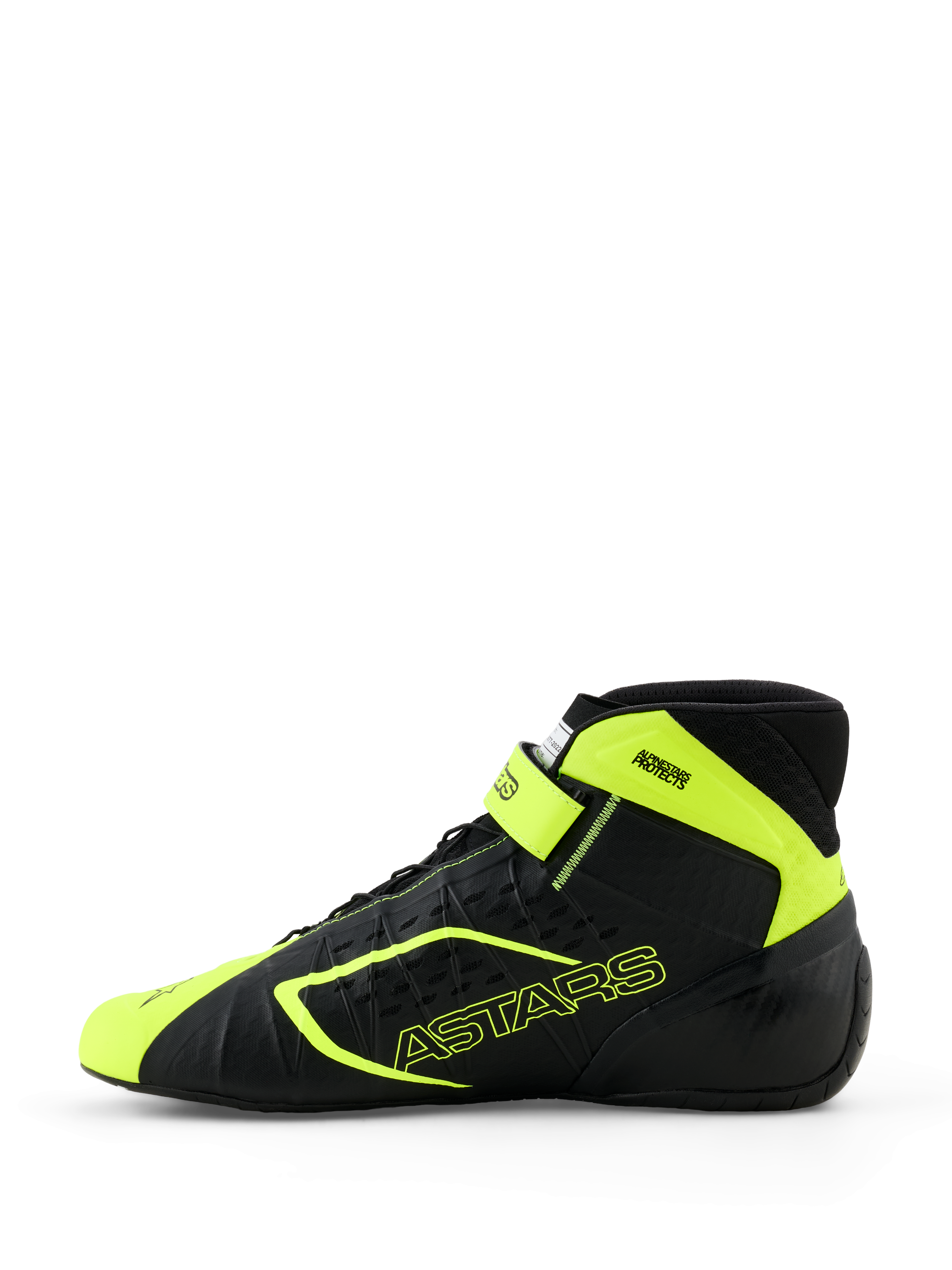 Alpinestars Tech-1 KX V3 Karting Shoes, buty kartingowe, czarne i żółte fluo, widok z boku pokazujący bezszwową konstrukcję termo-zgrzewaną, laserowo wycinane perforacje, jaskrawożółte akcenty z logo ASTARS, regulowany pasek na kostkę, smukły design motorsportowy