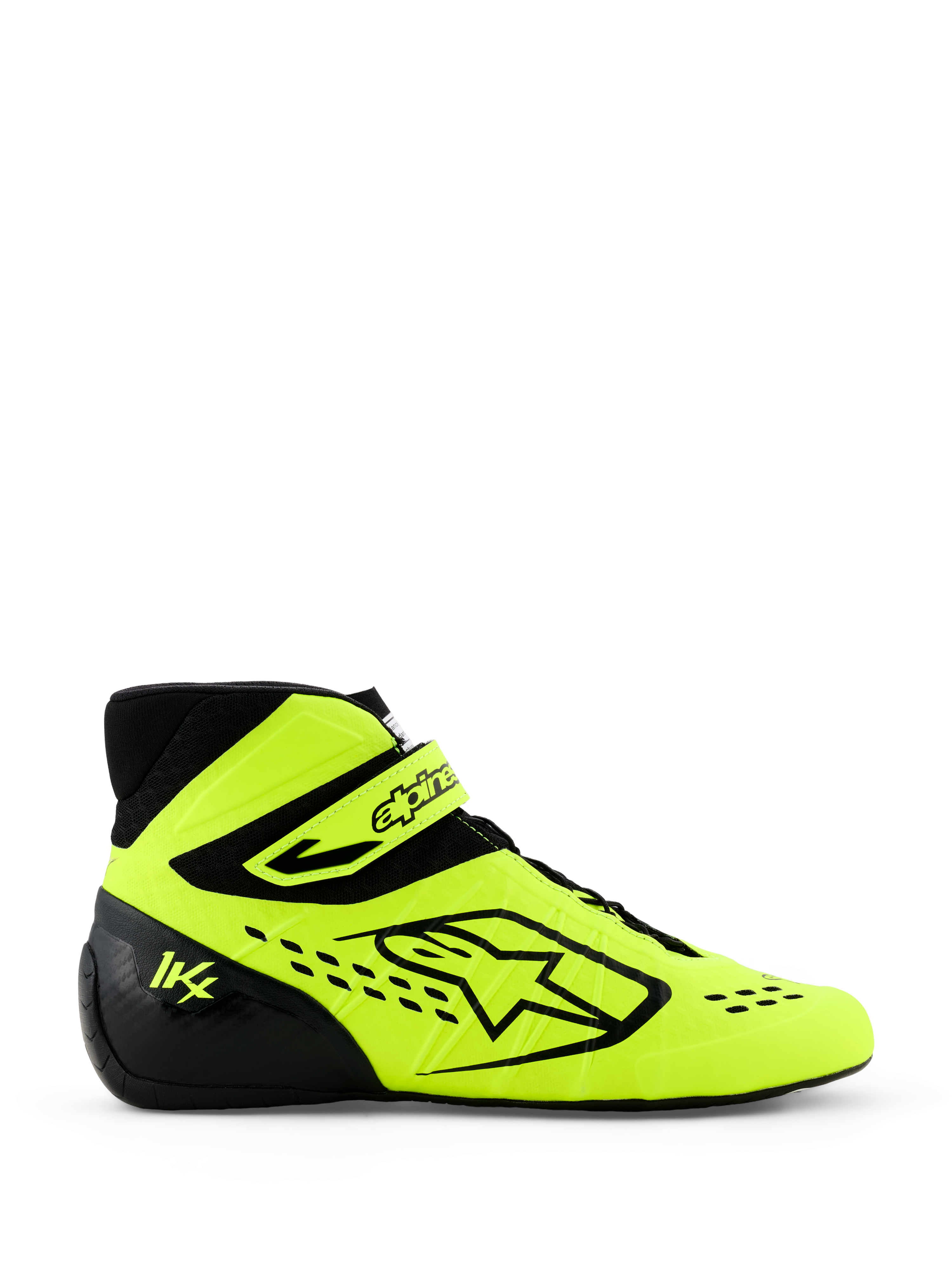 Alpinestars Tech-1 KX V3 Karting Shoes, buty kartingowe, żółte fluo i czarne, widok z boku z wyraźnym logo Alpinestars, regulowany pasek na kostce, laserowo wycinane perforacje zapewniające oddychalność, profesjonalne obuwie do sportów motorowych.