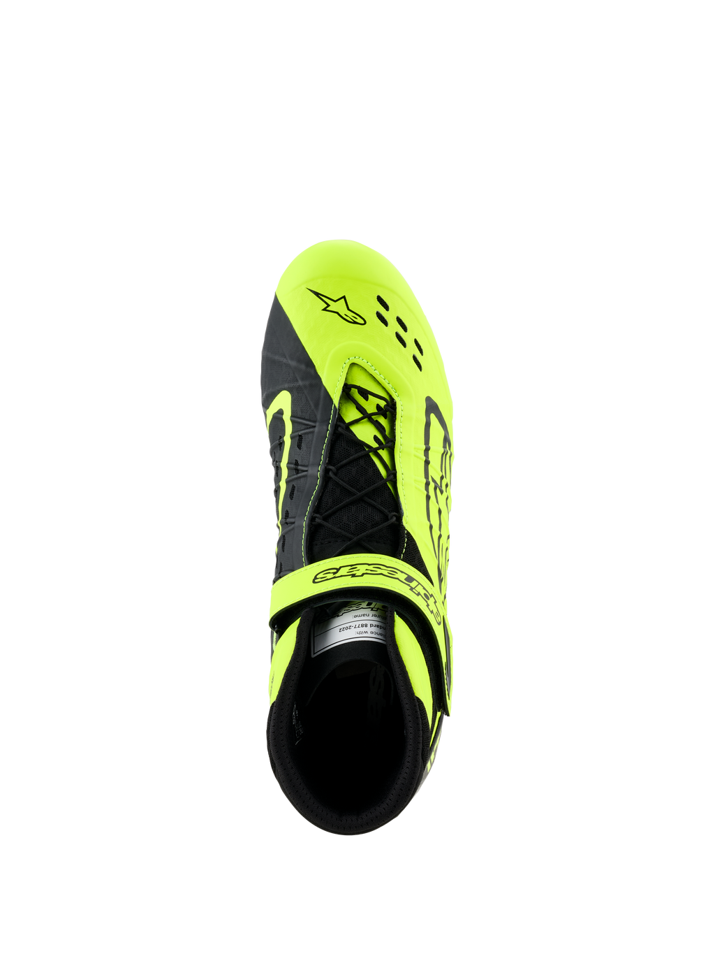 Buty Alpinestars Tech-1 KX V3, buty kartingowe, czarne i żółte fluo, widok z góry przedstawiający asymetryczny system sznurowania i regulowany pasek, z laserowo wyciętymi perforacjami dla oddychalności, zaprojektowane do wyścigów kartingowych