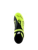 Buty Alpinestars Tech-1 KX V3, buty kartingowe, czarne i żółte fluo, widok z góry przedstawiający asymetryczny system sznurowania i regulowany pasek, z laserowo wyciętymi perforacjami dla oddychalności, zaprojektowane do wyścigów kartingowych