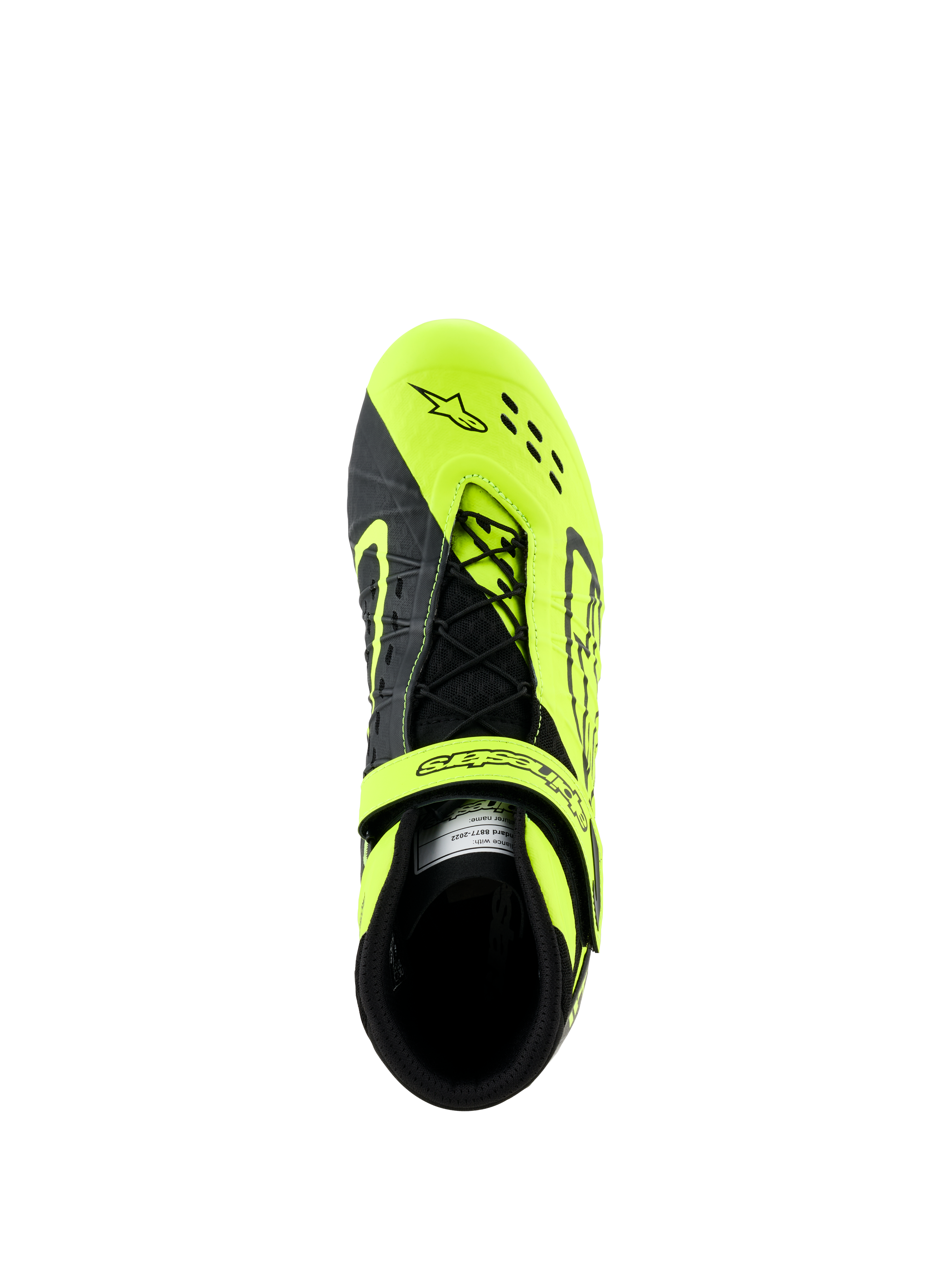 Buty Alpinestars Tech-1 KX V3, buty kartingowe, czarne i żółte fluo, widok z góry przedstawiający asymetryczny system sznurowania i regulowany pasek, z laserowo wyciętymi perforacjami dla oddychalności, zaprojektowane do wyścigów kartingowych