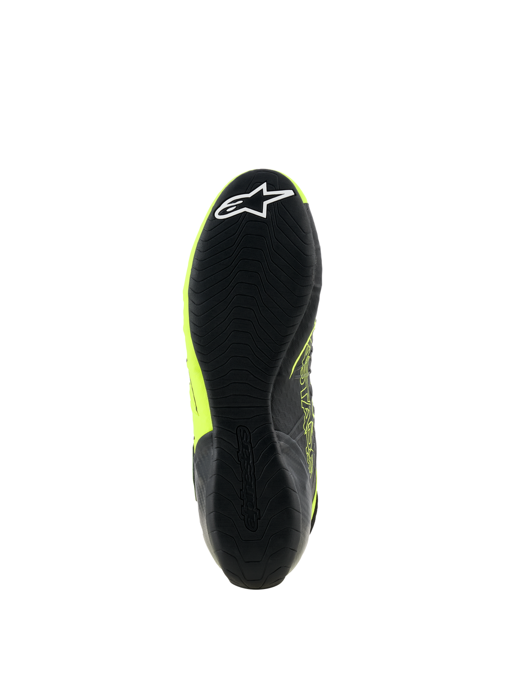 Buty Alpinestars Tech-1 KX V3, buty kartingowe, czarno-żółte fluo, widok od dołu cienkiej gumowej podeszwy z teksturowanym wzorem przyczepności i białym logo gwiazdy na pięcie, zaprojektowane z myślą o wydajności w sporcie motorowym.