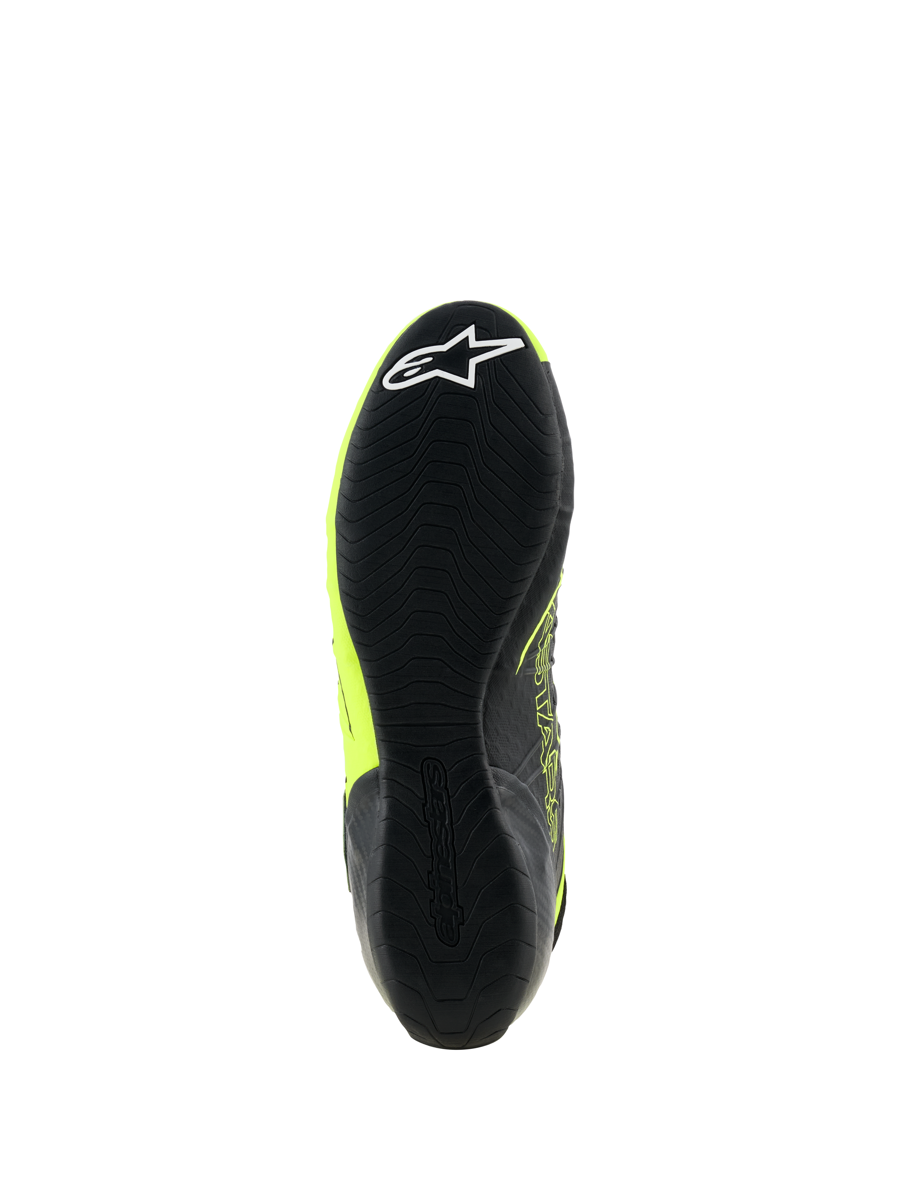 Buty Alpinestars Tech-1 KX V3, buty kartingowe, czarno-żółte fluo, widok od dołu cienkiej gumowej podeszwy z teksturowanym wzorem przyczepności i białym logo gwiazdy na pięcie, zaprojektowane z myślą o wydajności w sporcie motorowym.