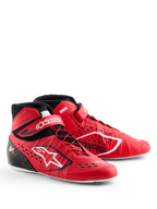 Buty Alpinestars Tech-1 KX V3, buty kartingowe, czerwono-czarne, z asymetrycznym sznurowaniem i paskiem na rzep przy kostce, białe logo Alpinestars, laserowo wycinane wloty powietrza, lekka bezszwowa konstrukcja zapewniająca profesjonalną wydajność w sportach motorowych