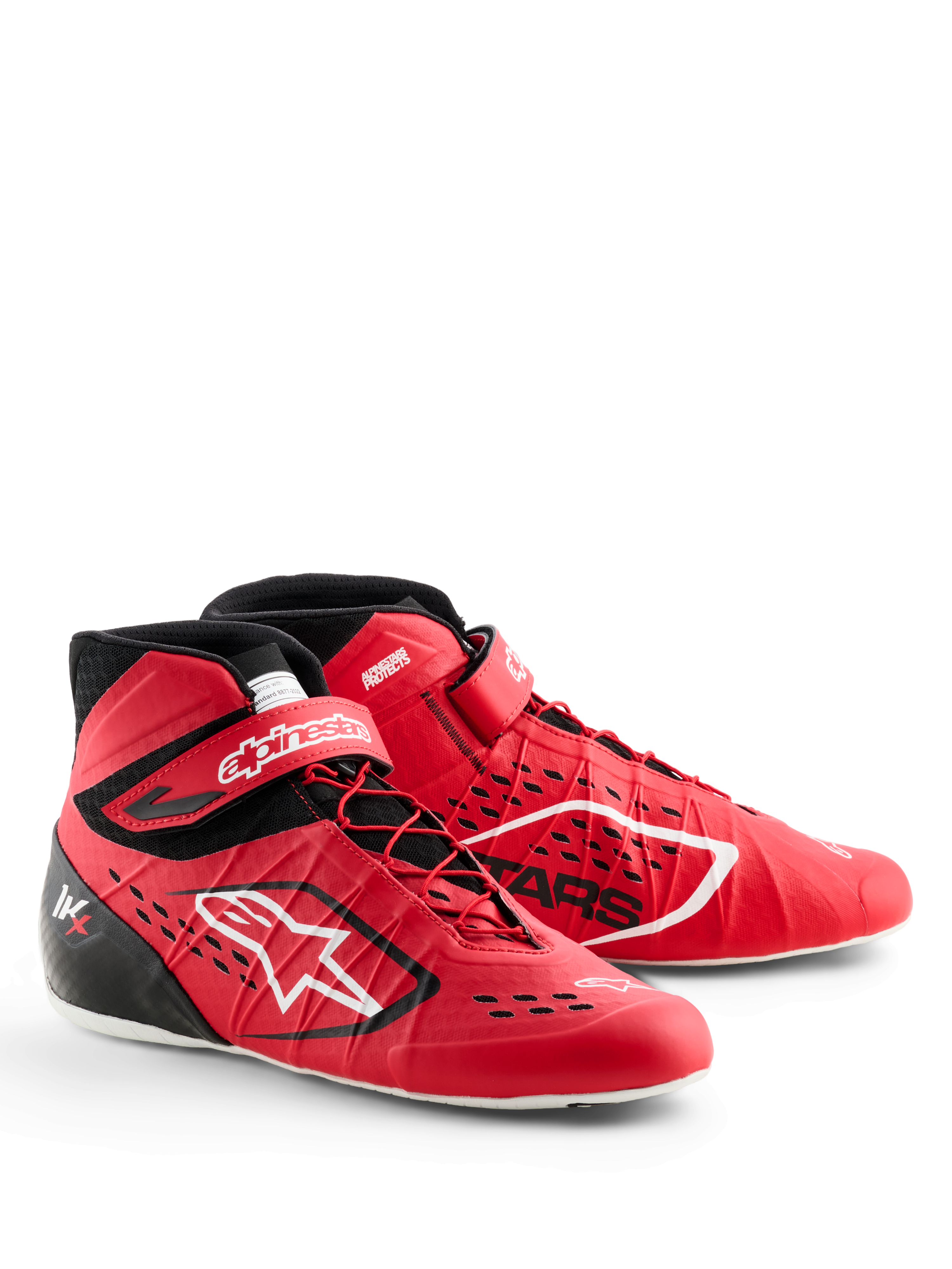 Buty Alpinestars Tech-1 KX V3, buty kartingowe, czerwono-czarne, z asymetrycznym sznurowaniem i paskiem na rzep przy kostce, białe logo Alpinestars, laserowo wycinane wloty powietrza, lekka bezszwowa konstrukcja zapewniająca profesjonalną wydajność w sportach motorowych