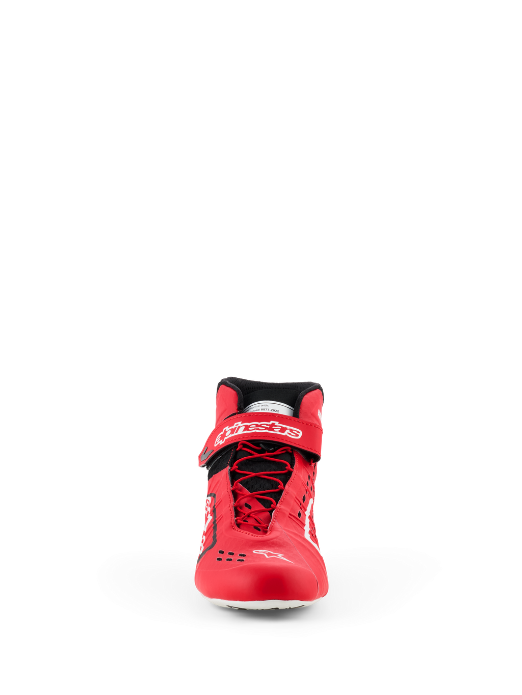 Alpinestars Tech-1 KX V3 Shoes - FIA, buty kartingowe, czerwono-czarne, widok z przodu przedstawiający asymetryczny system szybkiego sznurowania, pasek na rzep przy kostce z białym logo i gładką konstrukcję termo-zgrzewaną