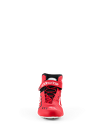 Alpinestars Tech-1 KX V3 Shoes - FIA, buty kartingowe, czerwono-czarne, widok z przodu przedstawiający asymetryczny system szybkiego sznurowania, pasek na rzep przy kostce z białym logo i gładką konstrukcję termo-zgrzewaną
