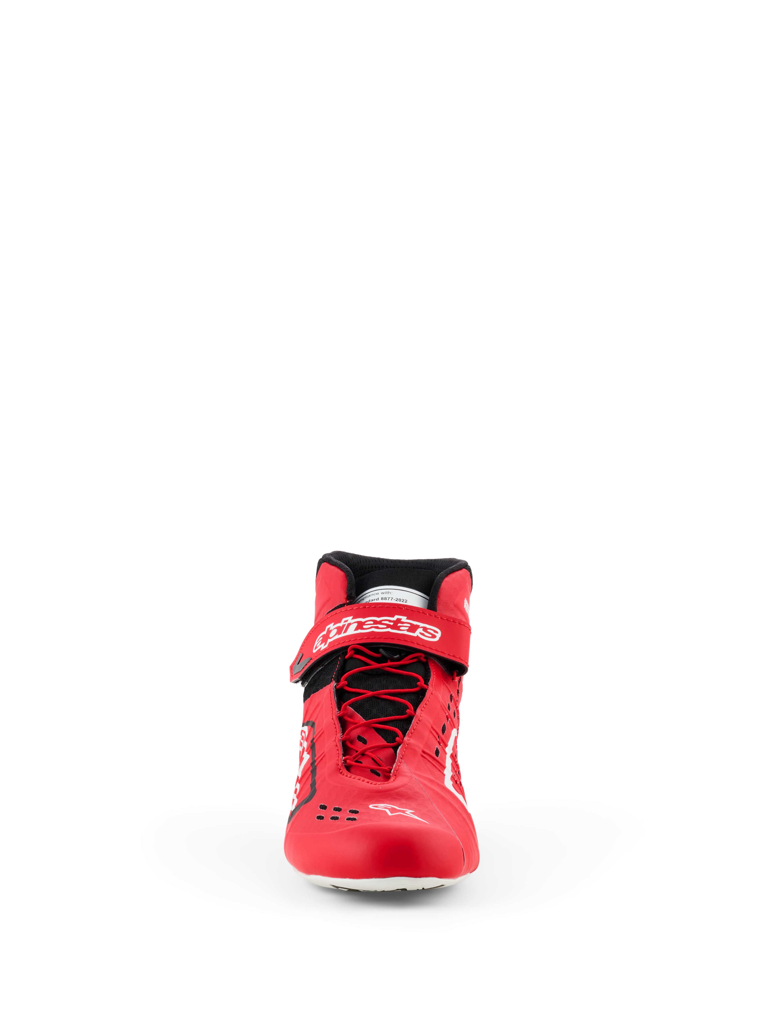 Alpinestars Tech-1 KX V3 Shoes - FIA, buty kartingowe, czerwono-czarne, widok z przodu przedstawiający asymetryczny system szybkiego sznurowania, pasek na rzep przy kostce z białym logo i gładką konstrukcję termo-zgrzewaną