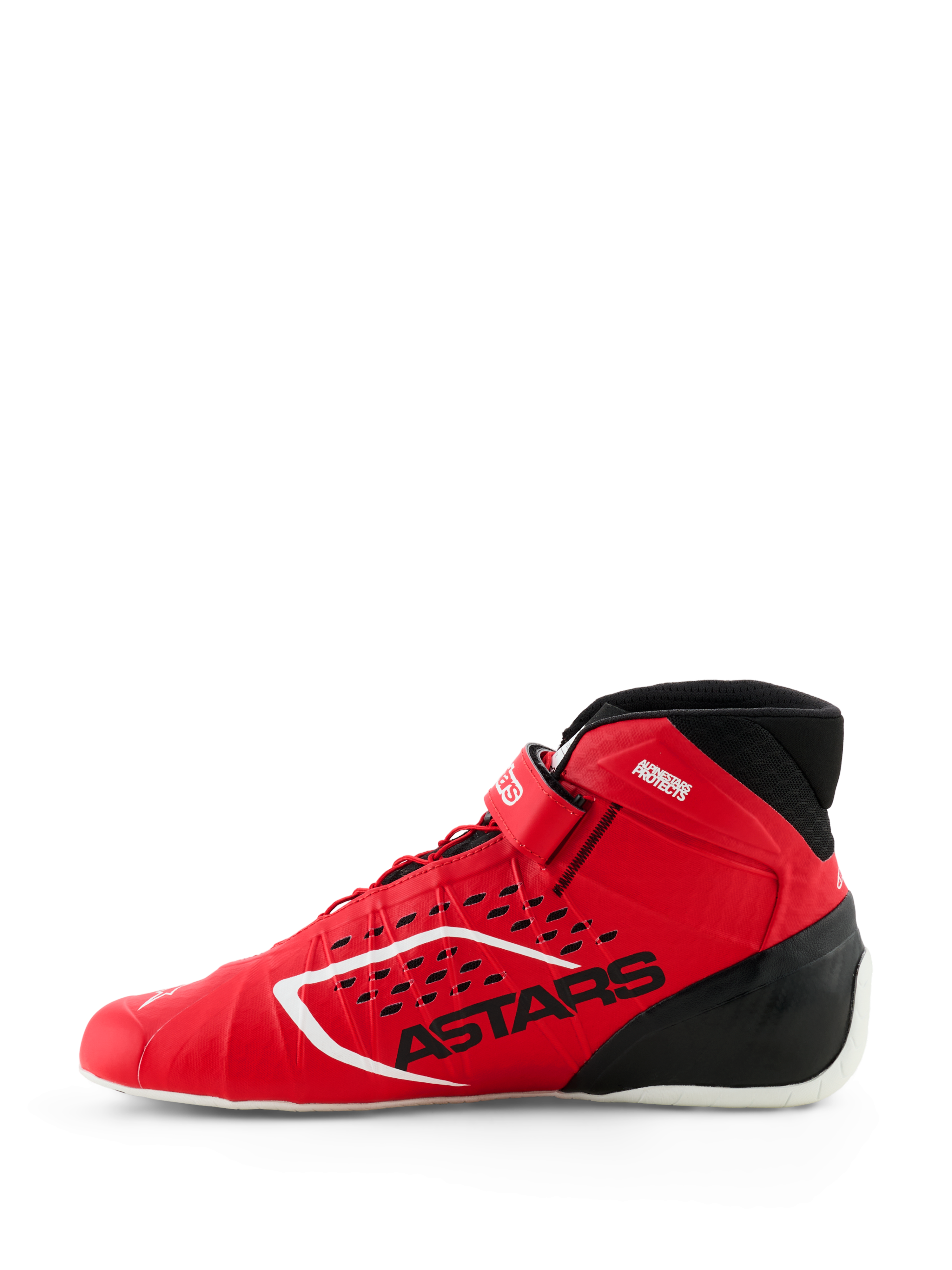 Buty Alpinestars Tech-1 KX V3, buty kartingowe FIA, czerwono-czarne, widok z boku, bezszwowa konstrukcja termo-zgrzewana, laserowo wycinane perforacje, czarne logo ASTARS, lekki design wyścigowy.