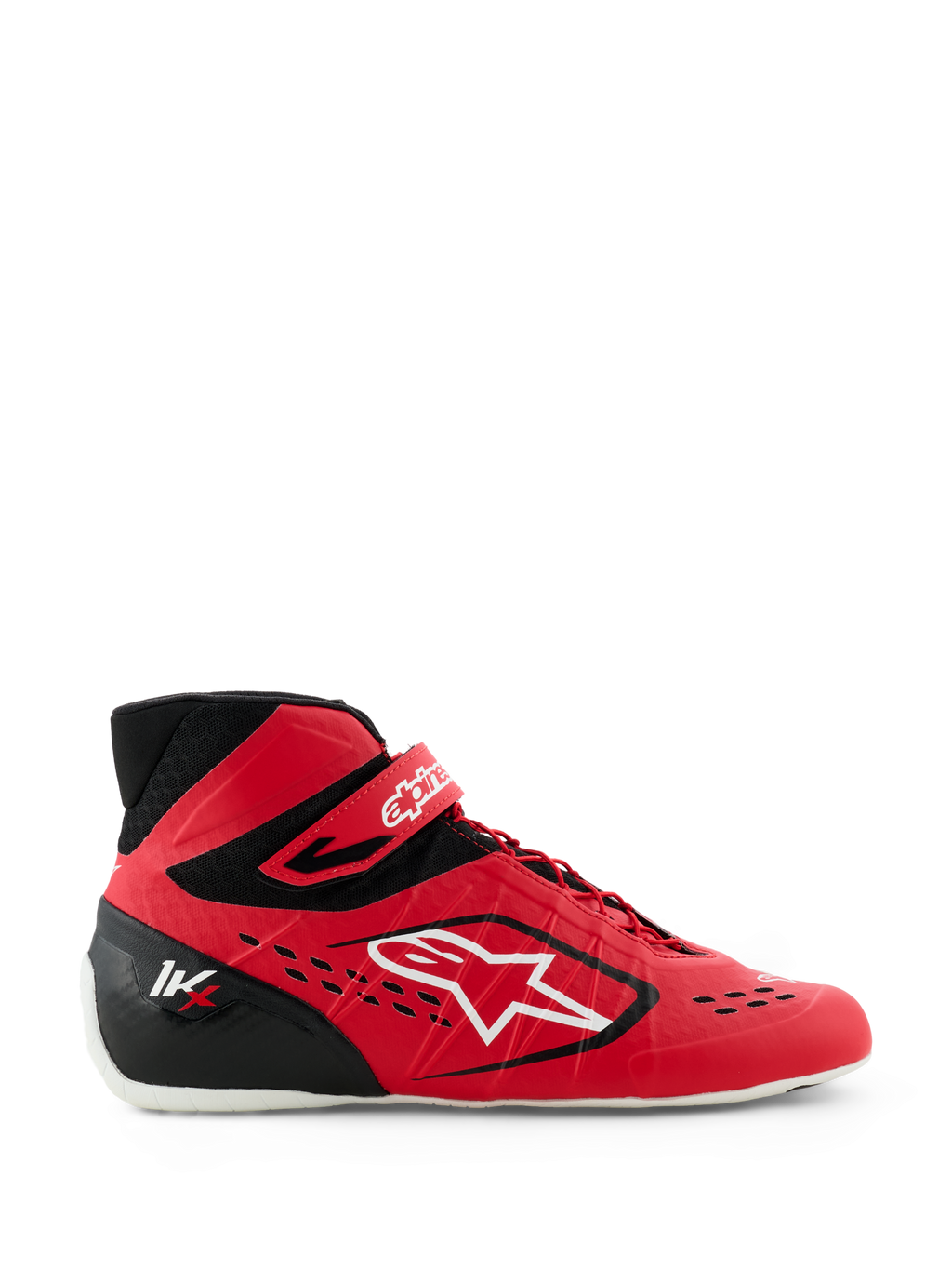 Alpinestars Tech-1 KX V3 Karting Shoes, buty kartingowe, czerwono-czarne, widok z profilu z dużym białym logo Alpinestars, asymetryczny system sznurowania, pasek na rzep przy kostce i lekka bezszwowa konstrukcja zapewniająca wydajność w sportach motorowych