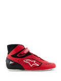 Alpinestars Tech-1 KX V3 Karting Shoes, buty kartingowe, czerwono-czarne, widok z profilu z dużym białym logo Alpinestars, asymetryczny system sznurowania, pasek na rzep przy kostce i lekka bezszwowa konstrukcja zapewniająca wydajność w sportach motorowych