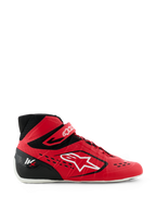Alpinestars Tech-1 KX V3 Karting Shoes, buty kartingowe, czerwono-czarne, widok z profilu z dużym białym logo Alpinestars, asymetryczny system sznurowania, pasek na rzep przy kostce i lekka bezszwowa konstrukcja zapewniająca wydajność w sportach motorowych