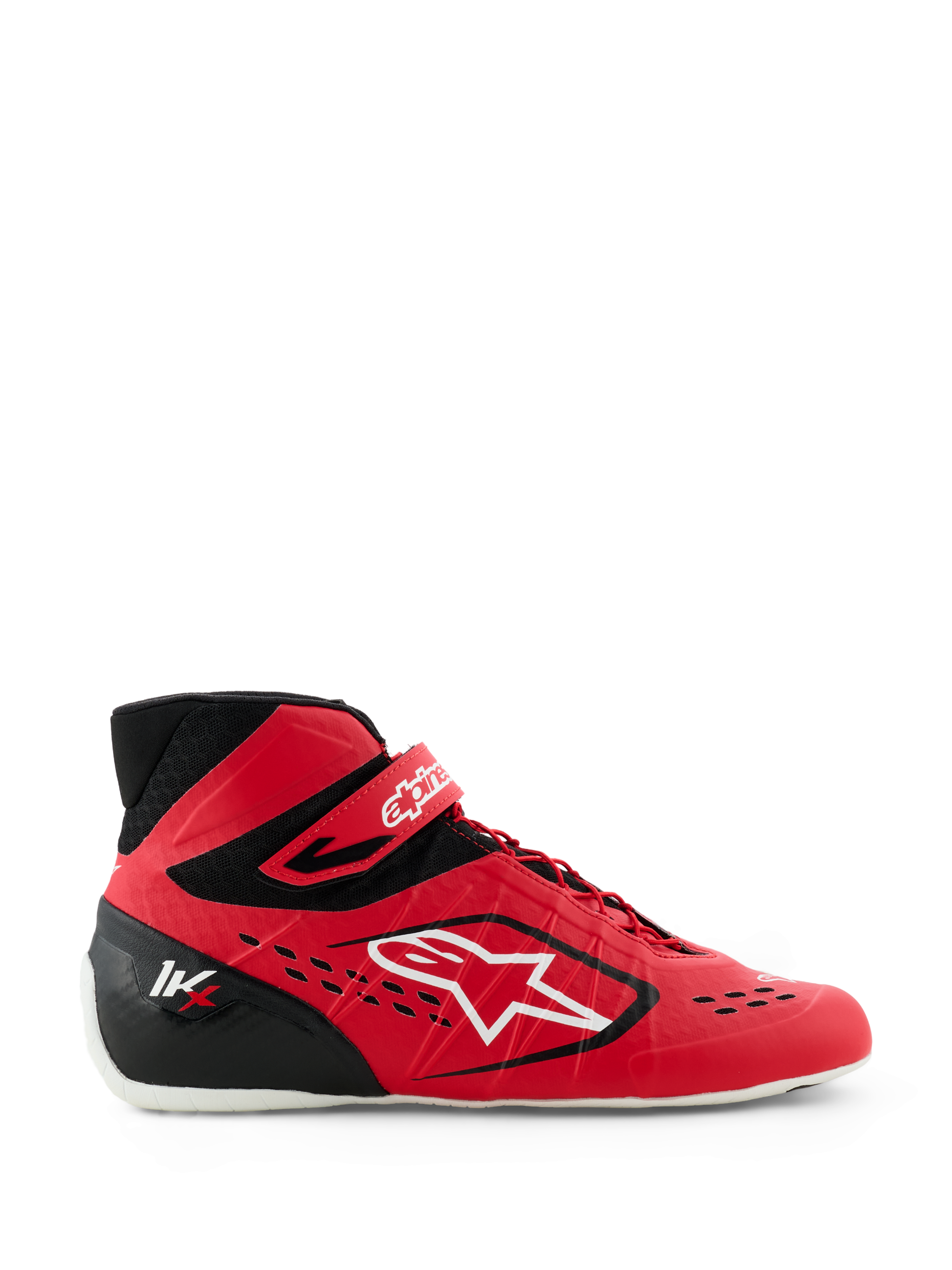 Alpinestars Tech-1 KX V3 Karting Shoes, buty kartingowe, czerwono-czarne, widok z profilu z dużym białym logo Alpinestars, asymetryczny system sznurowania, pasek na rzep przy kostce i lekka bezszwowa konstrukcja zapewniająca wydajność w sportach motorowych