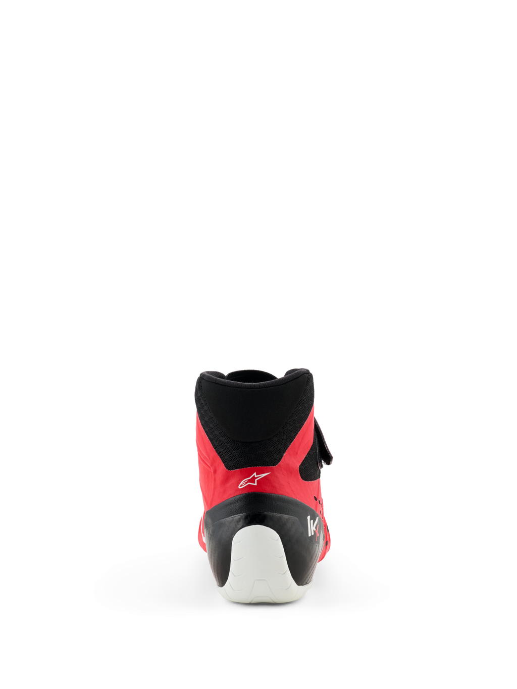 Alpinestars Tech-1 KX V3 Shoes - FIA, buty kartingowe, czerwono-czarne, widok z tyłu eksponujący białe wzmocnienie pięty, czarny kołnierz z siatki i smukły profil do profesjonalnych wyścigów.