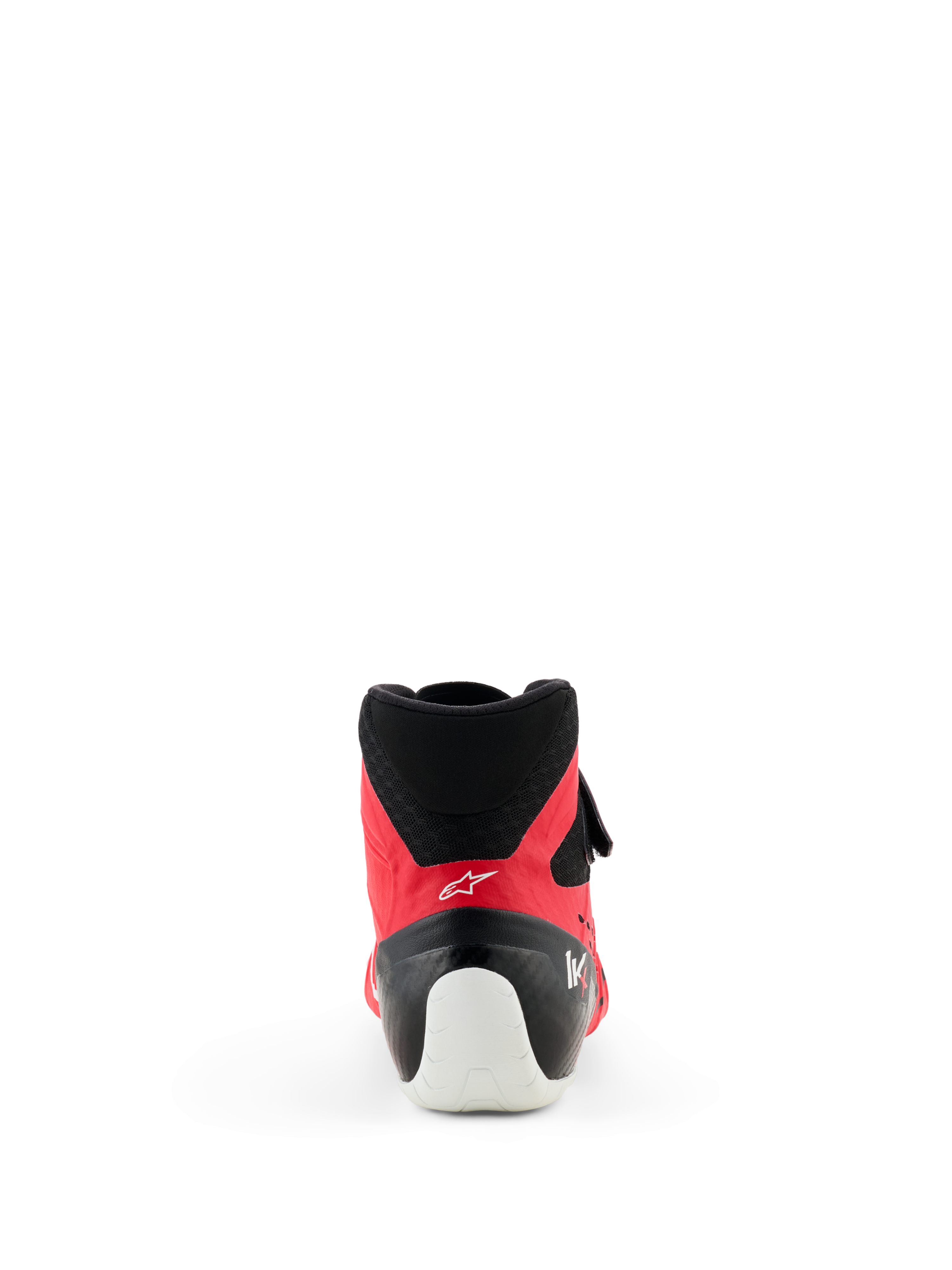 Alpinestars Tech-1 KX V3 Shoes - FIA, buty kartingowe, czerwono-czarne, widok z tyłu eksponujący białe wzmocnienie pięty, czarny kołnierz z siatki i smukły profil do profesjonalnych wyścigów.