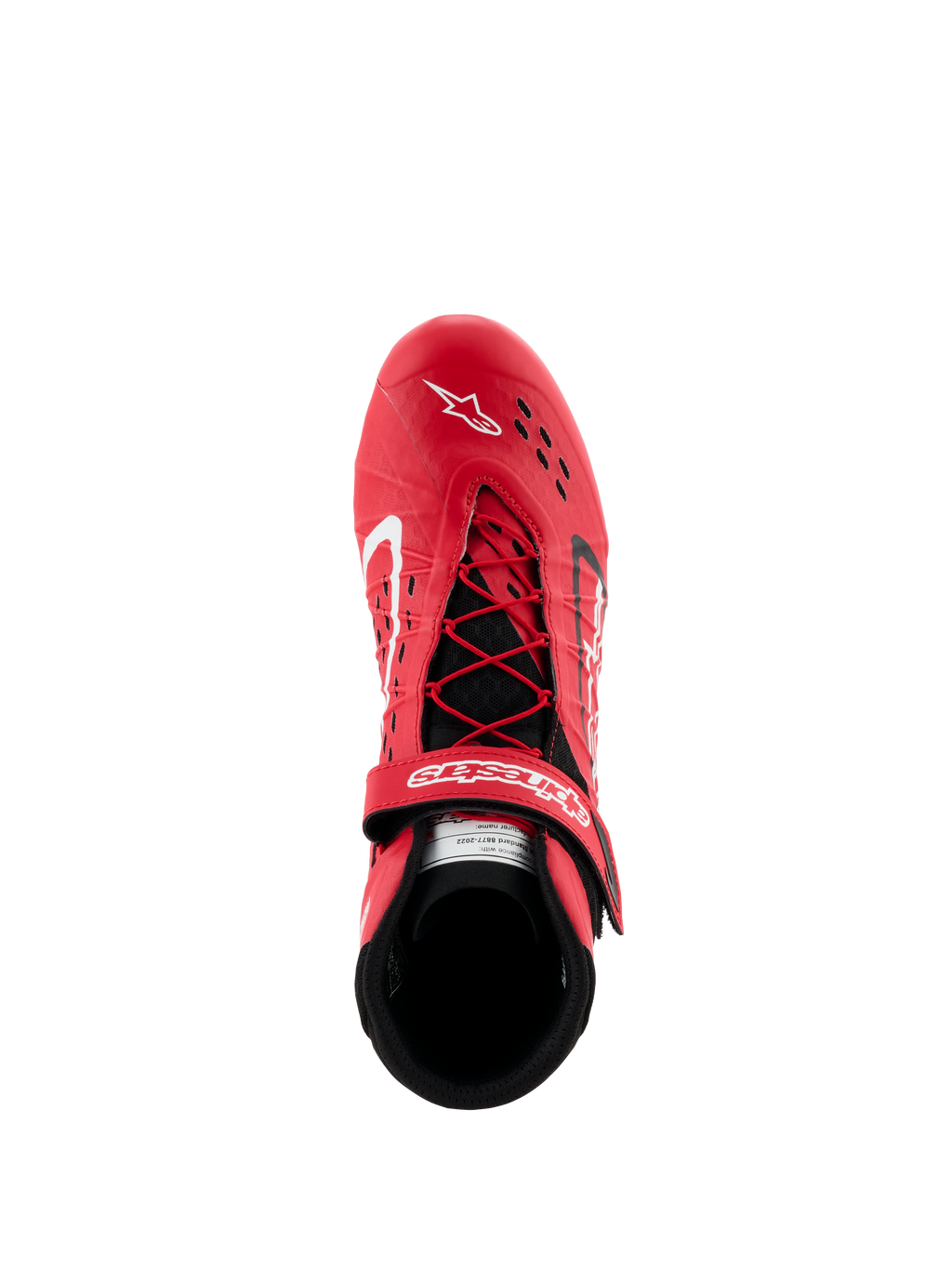 Buty Alpinestars Tech-1 KX V3 - FIA, czerwono-czarne buty kartingowe, widok z góry przedstawiający asymetryczny system sznurowania i regulowany pasek na rzep, perforowana cholewka zapewniająca oddychalność, lekkie wyczynowe obuwie wyścigowe