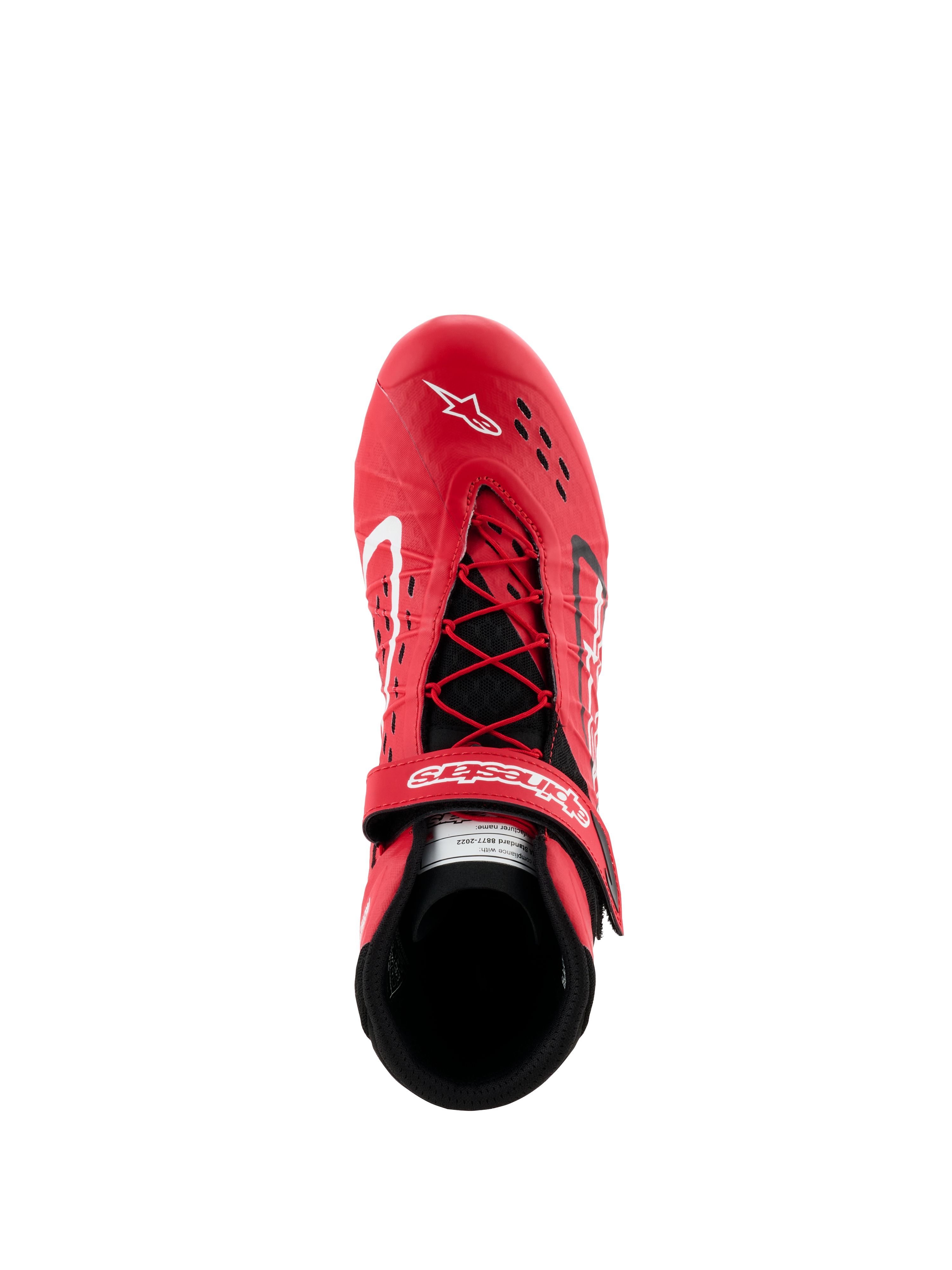 Buty Alpinestars Tech-1 KX V3 - FIA, czerwono-czarne buty kartingowe, widok z góry przedstawiający asymetryczny system sznurowania i regulowany pasek na rzep, perforowana cholewka zapewniająca oddychalność, lekkie wyczynowe obuwie wyścigowe