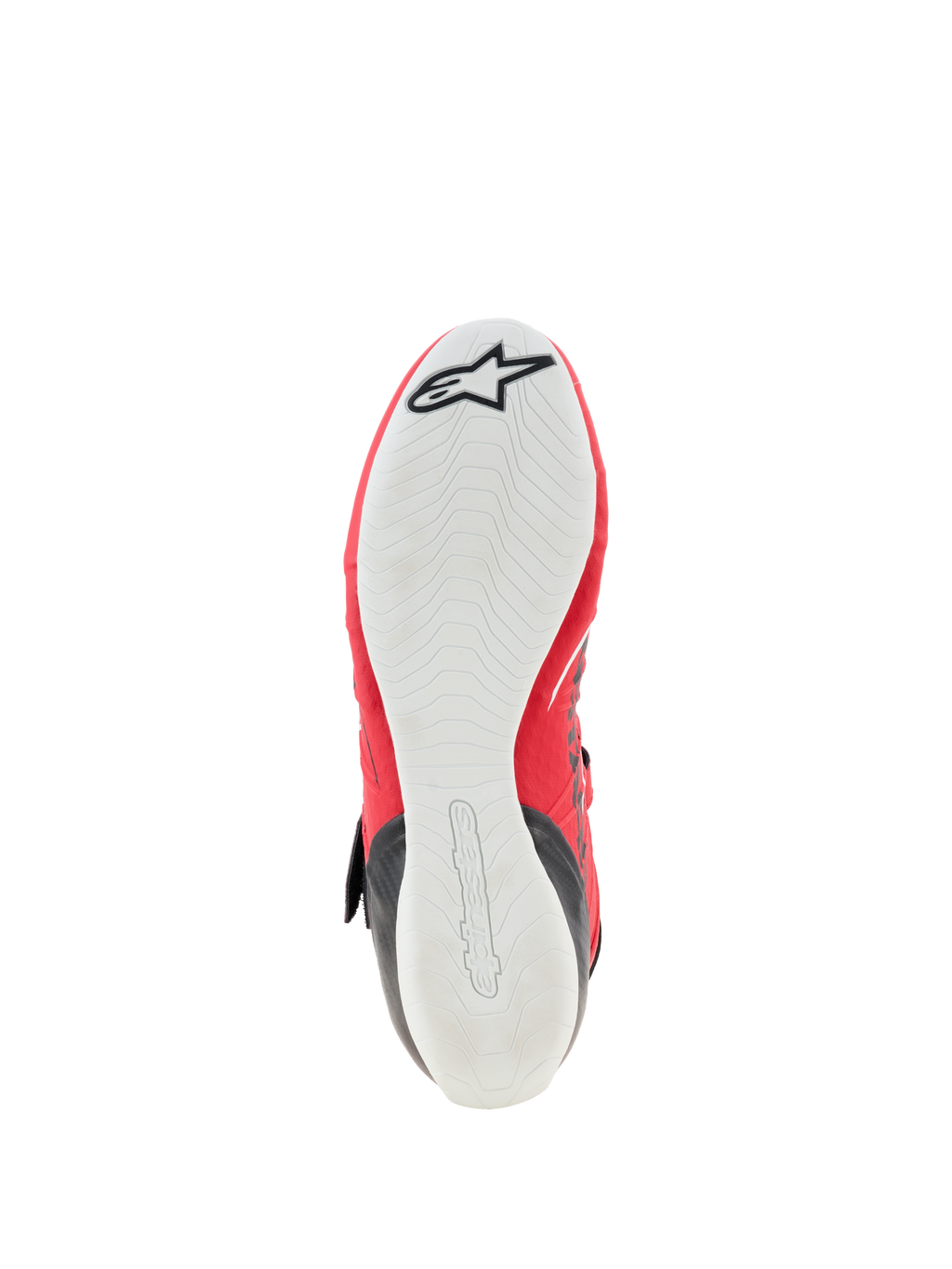Alpinestars Tech-1 KX V3 Shoes - FIA, buty kartingowe, widok od spodu przedstawiający cienką białą gumową podeszwę zewnętrzną, teksturowany wzór zapewniający wyczucie pedałów, czerwone krawędzie cholewki, czarne logo gwiazdy Alpinestars na czubku i wytłoczone logo na pięcie