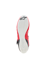 Alpinestars Tech-1 KX V3 Shoes - FIA, Karting Shoes, bottom view showing the white thin rubber outsole, textured grip pattern for pedal sensitivity, red upper edges, black Alpinestars star logo on the toe and embossed branding on the heel