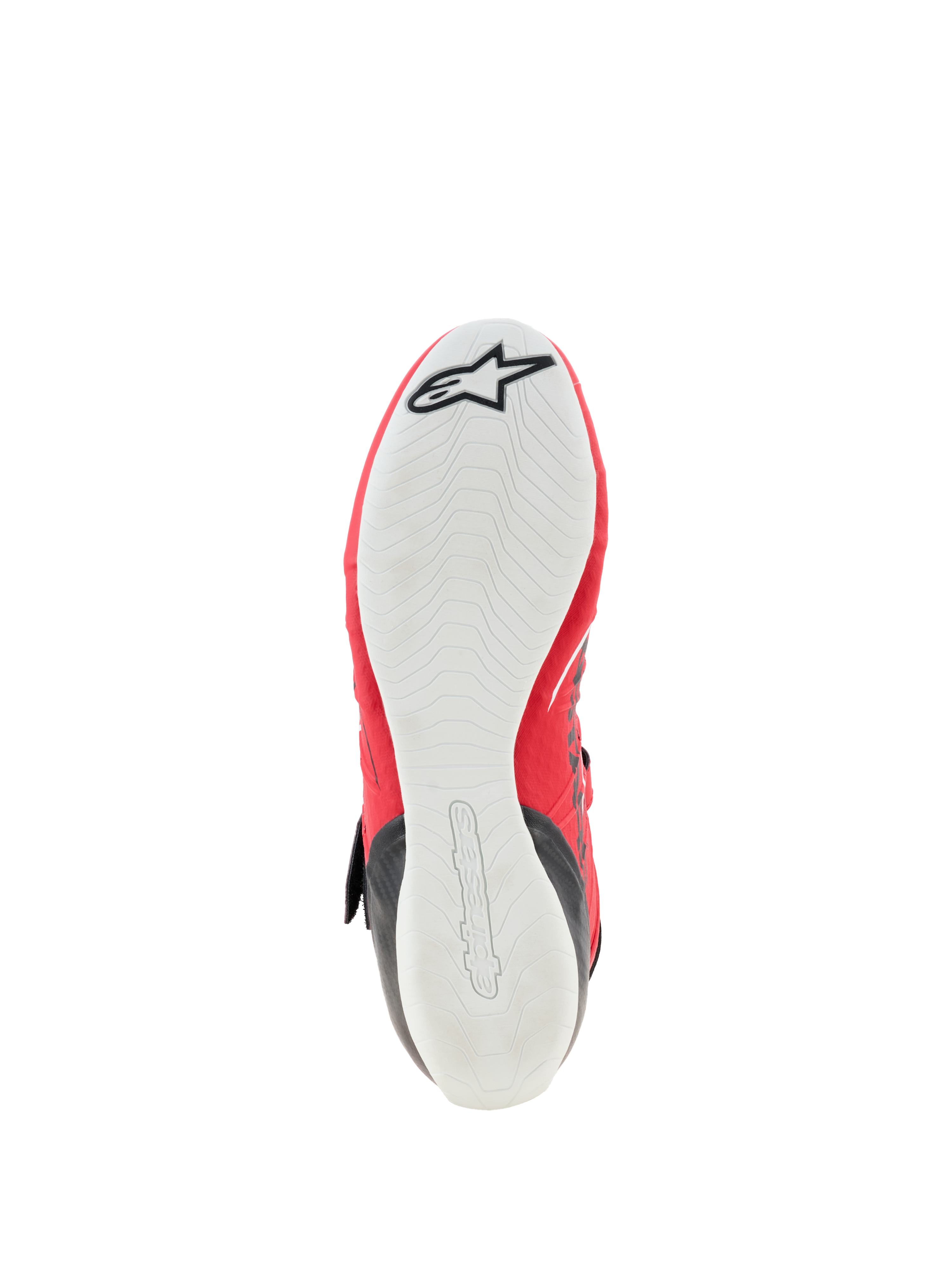 Alpinestars Tech-1 KX V3 Shoes - FIA, buty kartingowe, widok od spodu przedstawiający cienką białą gumową podeszwę zewnętrzną, teksturowany wzór zapewniający wyczucie pedałów, czerwone krawędzie cholewki, czarne logo gwiazdy Alpinestars na czubku i wytłoczone logo na pięcie