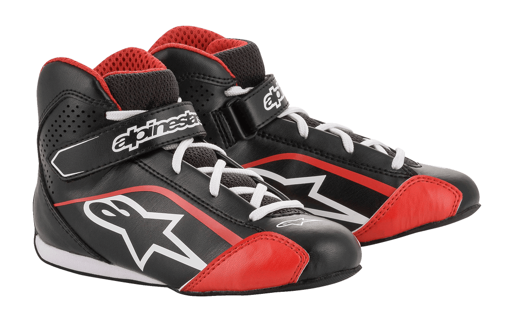 Alpinestars Youth Tech-1 K Shoes, buty kartingowe, czarne z białymi i czerwonymi elementami, lekka cholewka z mikrofibry z czerwonymi akcentami, białe sznurowadła, bezpieczny pasek na rzep na kostce, zaprojektowane do wyścigów kartingowych dla młodzieży